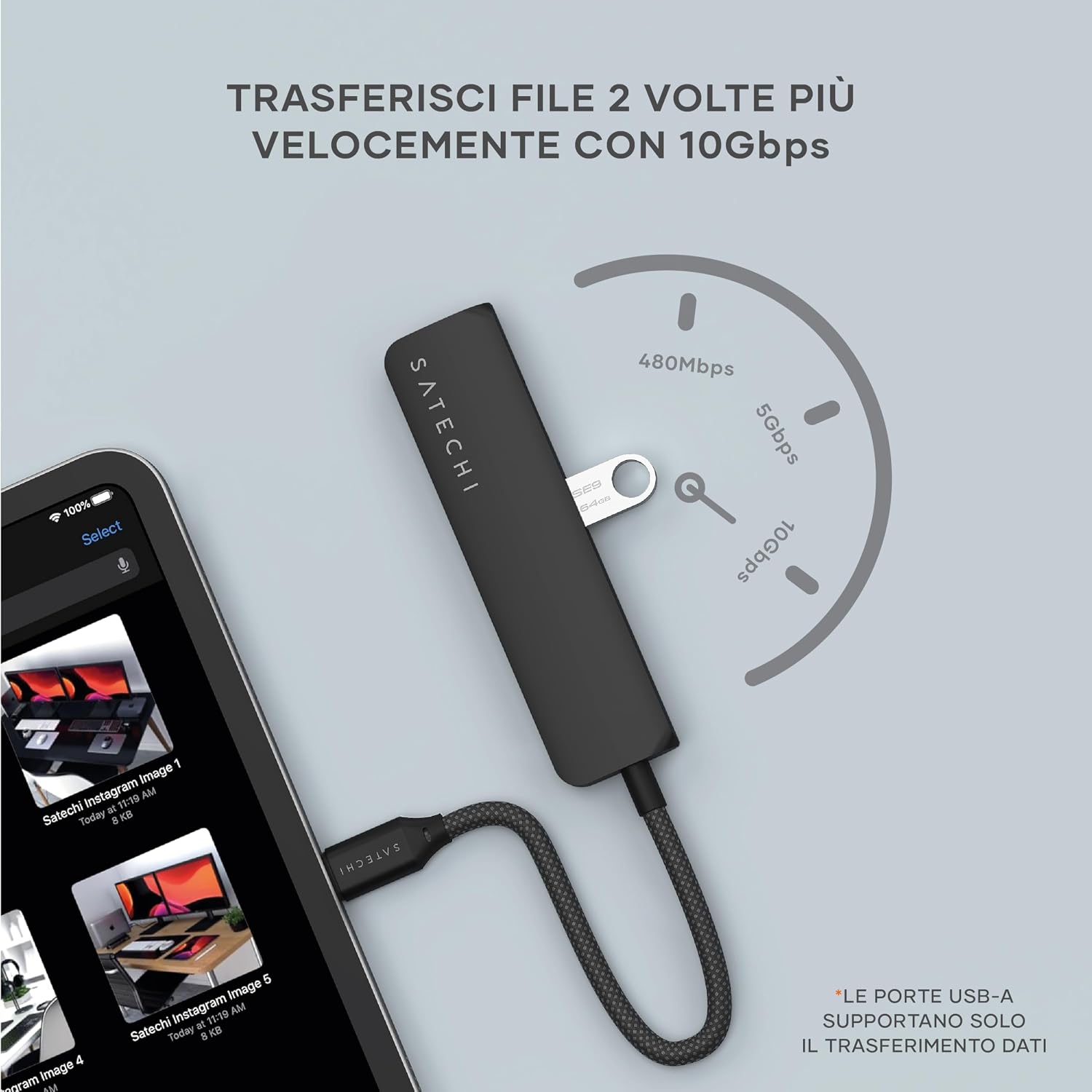Detalle de SATECHI Hub USB-C 4 in 1 Slim Plus con ricarica PD fino a 100W, HDMI 4K 60Hz e 2×USB-A 10Gbps (Nero)