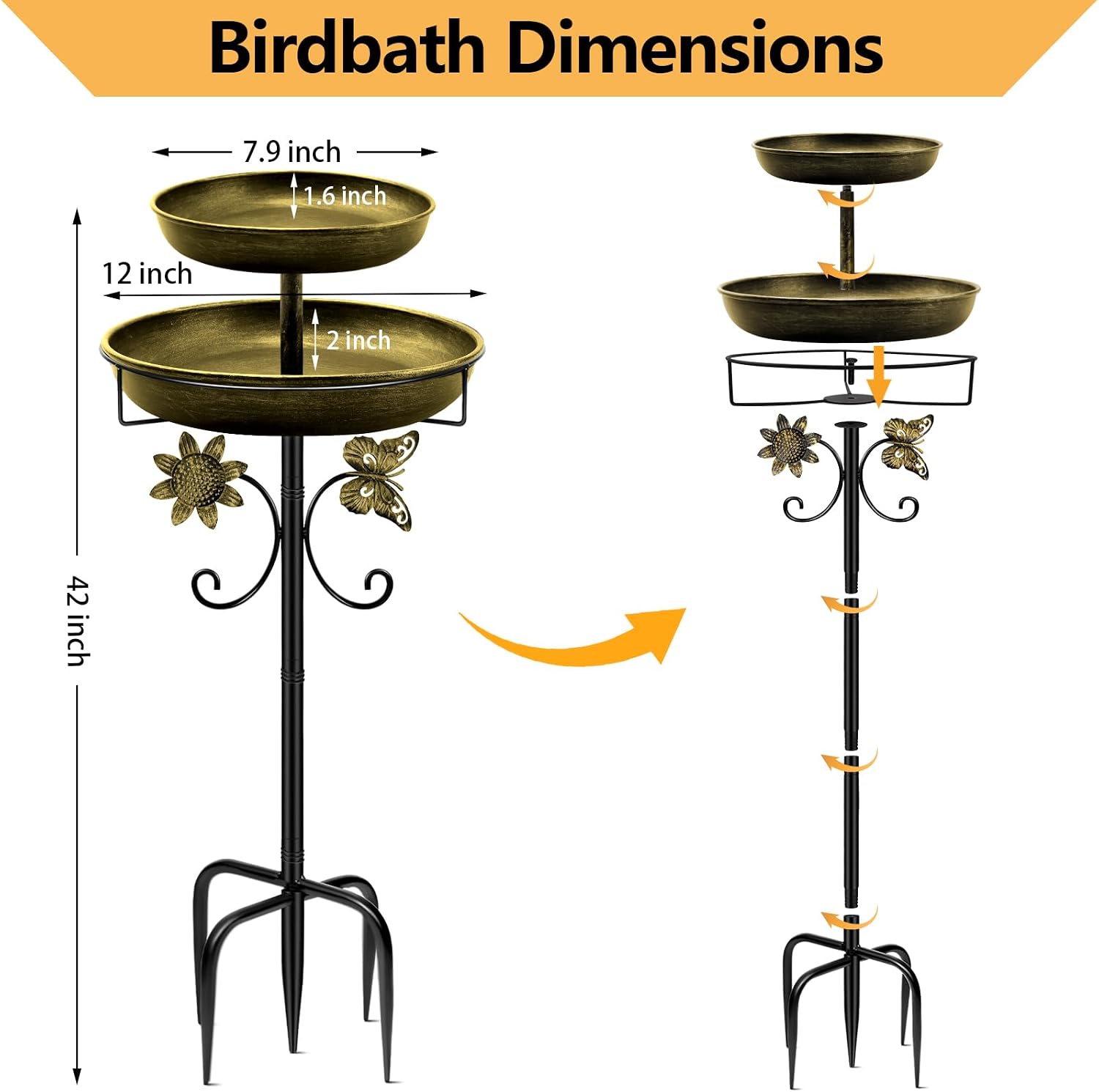 Thumbnail 6 de Metal Bird Bath for Outside, 42In Double Vintage Freestanding Birdbaths & Birdfeeder (Antique Golden)