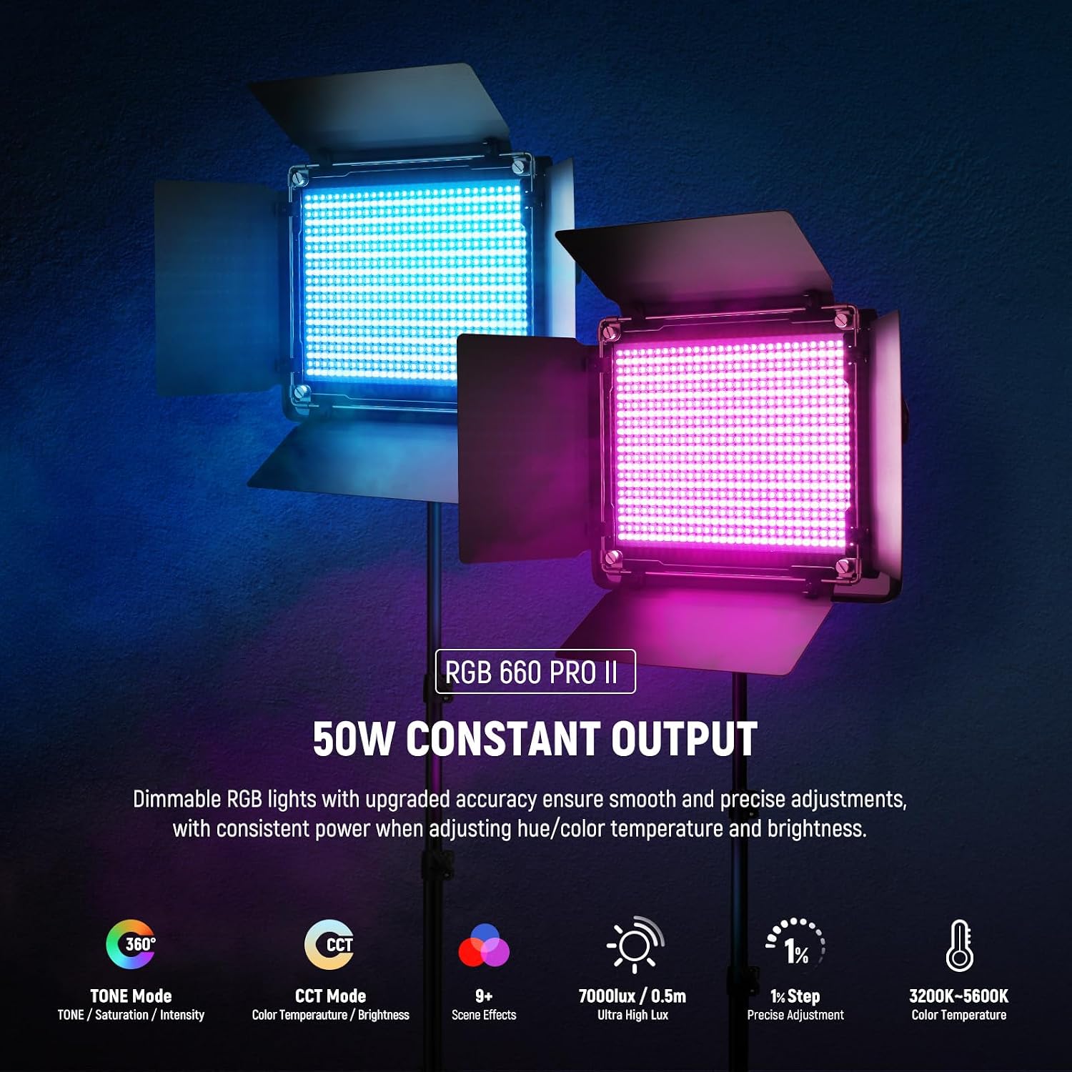 Thumbnail 1 de NEEWER Upgraded 660 PRO II RGB LED Video Light – 2 Pack with App Control and Stands