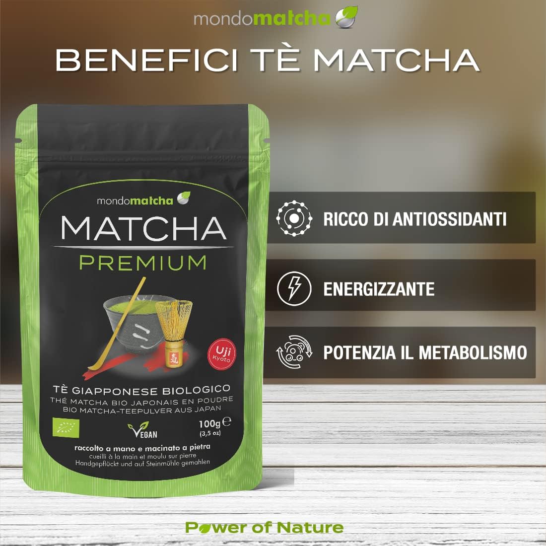 Detalle 2 de Mondomatcha Tè Verde Matcha Bio Giapponese - Premium da Uji, raccolto a mano e macinato a pietra, 100g