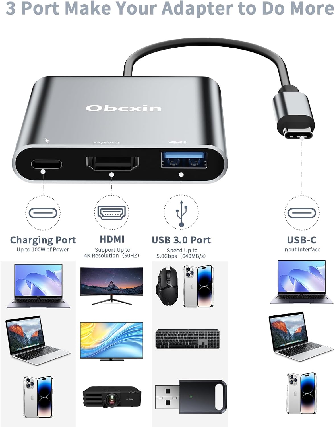 Thumbnail 5 de Obcxin USB-C auf HDMI Adapter mit 4K@60 Hz, 100 W PD-Laden und USB-3.0-Port