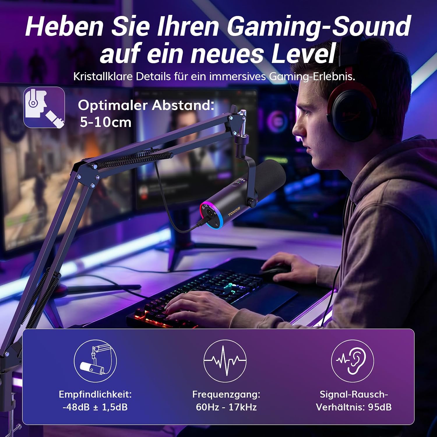 Detalle de TONOR Dynamisches Gaming-Mikrofon: USB/XLR-Kombi mit KI-Geräuschunterdrückung und RGB-Beleuchtung