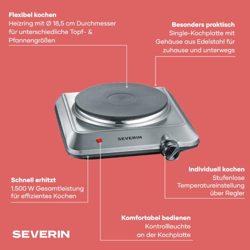 Detalle de SEVERIN Single-Kochplatte – kompakte Edelstahl-Campingkochplatte, 1.500 W