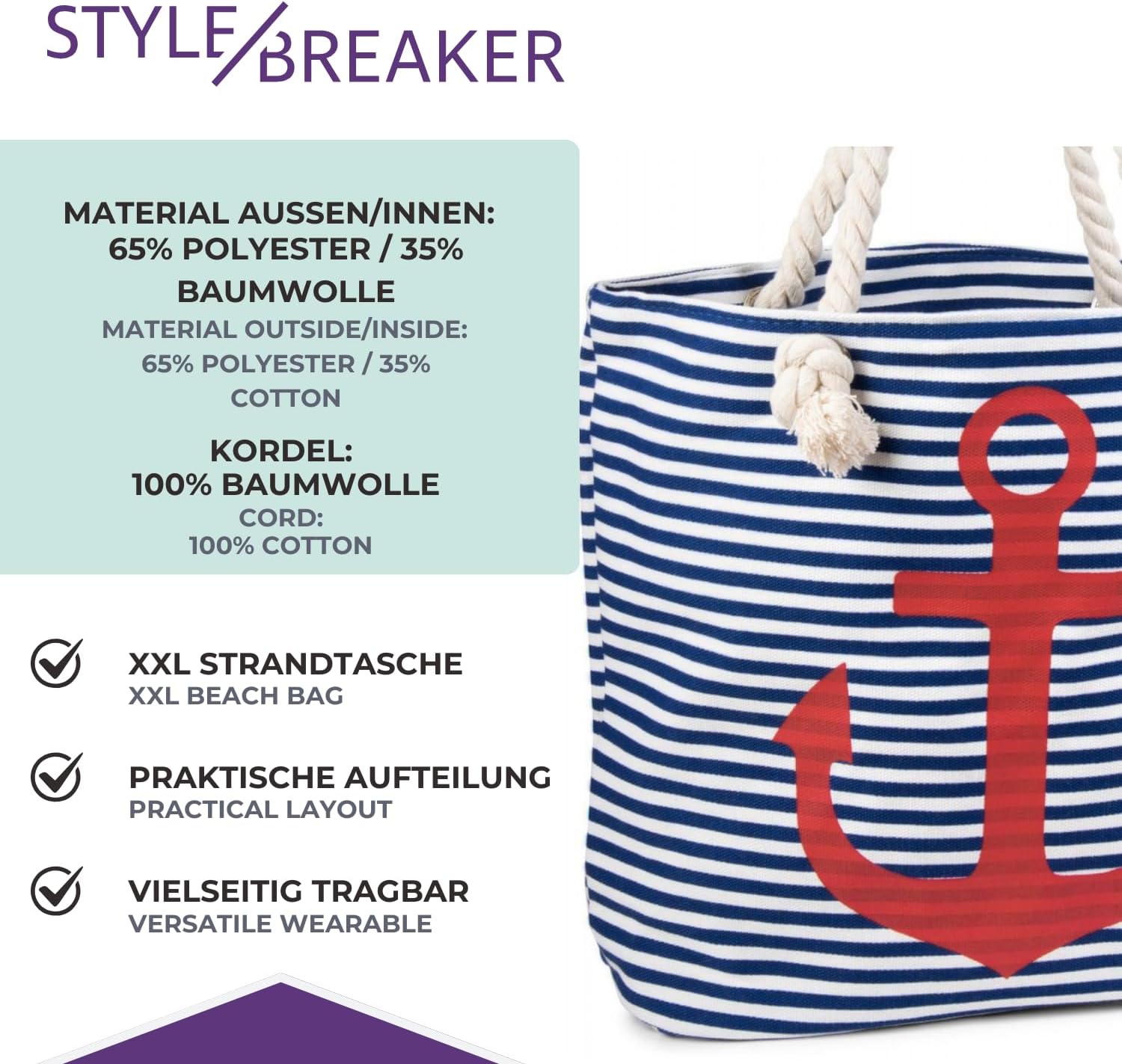 Detalle de StyleBREAKER borsone da spiaggia a righe con ancora – blu-bianco/oro, 46 x 34 x 12 cm