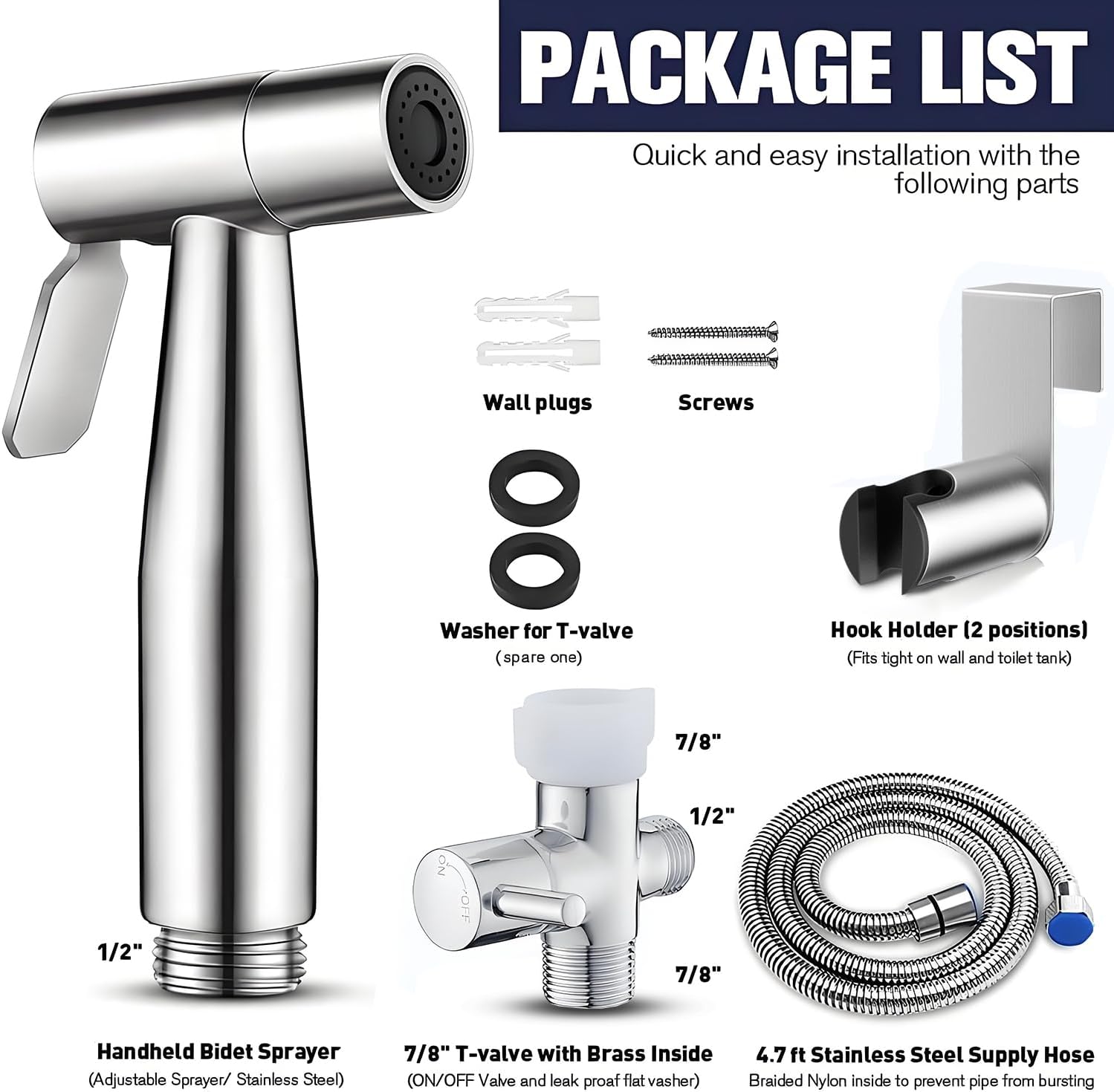 Thumbnail 4 de Pugrwei Handheld Bidet Sprayer, 304 Stainless Steel, Adjustable Flow, 7/8-Inch Brass T-Valve