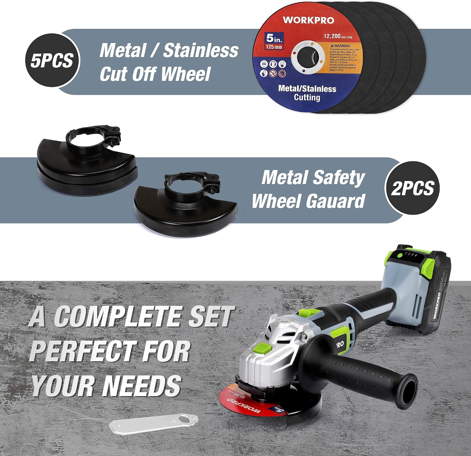 Detalle de WORKPRO 20V Cordless Angle Grinder (125 mm) with 4.0Ah battery, fast charger and 5 cutting wheels