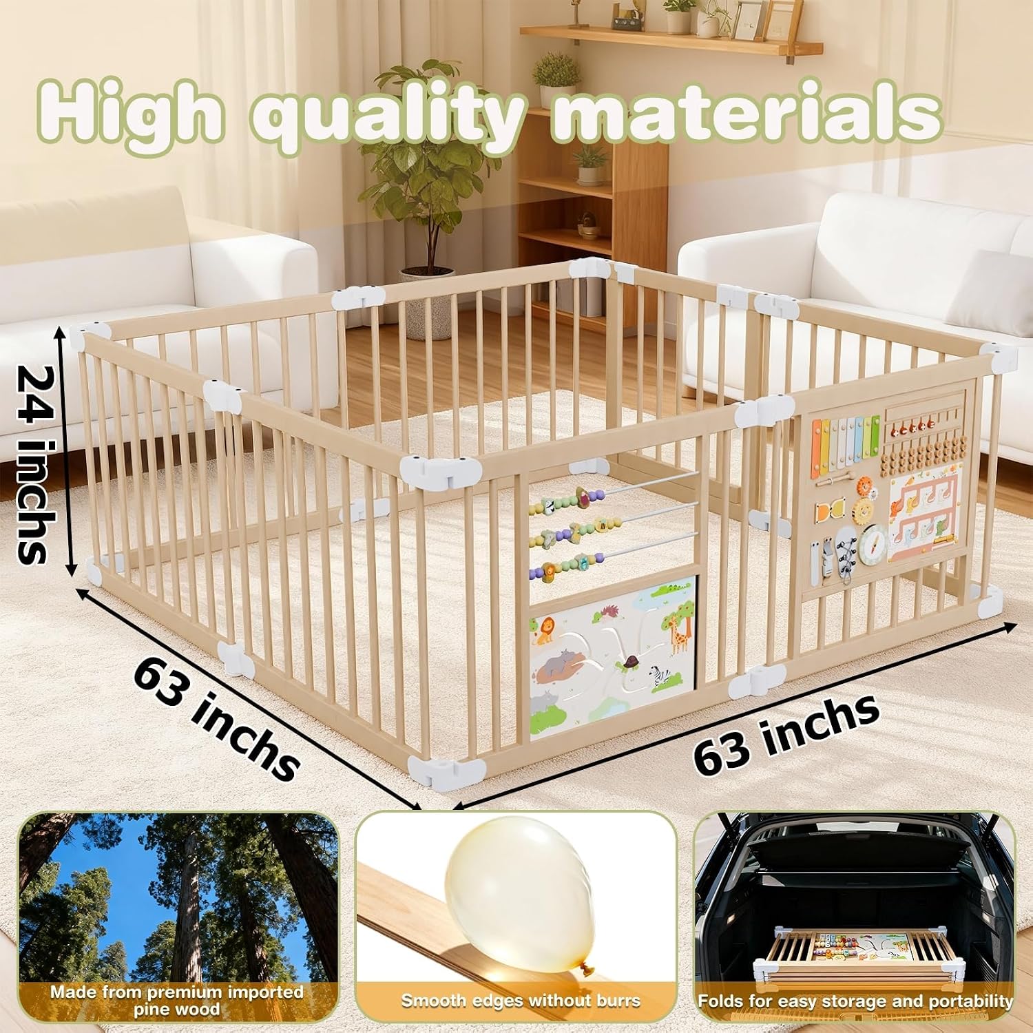 Detalle de 63" × 63" Foldable Wooden Baby Playpen with Activity Boards and 11 Toys