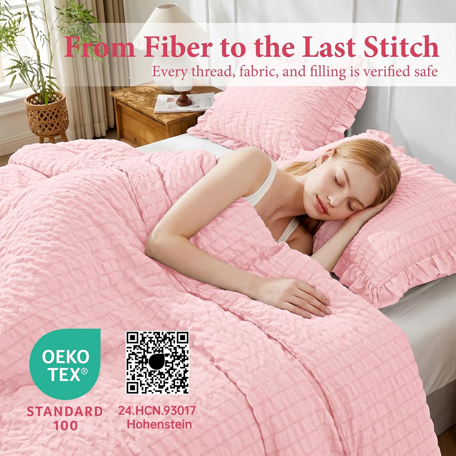 Detalle de JOLLYVOGUE Pink Seersucker Queen Comforter Set, 3 Pieces – Lightweight All-Season With Ruffle Details