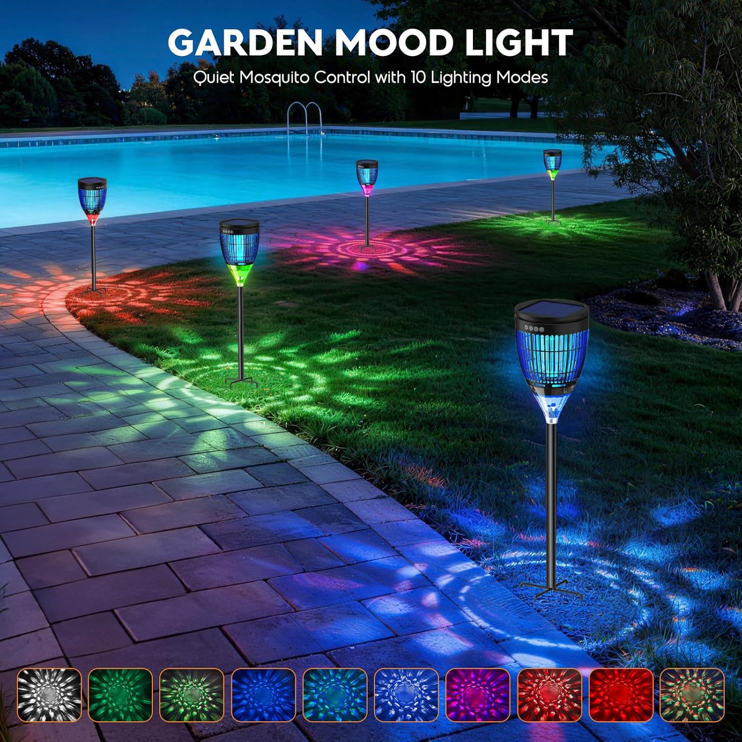 Thumbnail 2 de Solar Bug Zapper Outdoor: 4200V 3-in-1 Mosquito Zapper with Flame Light, RGB Projector, and Solar/USB Power