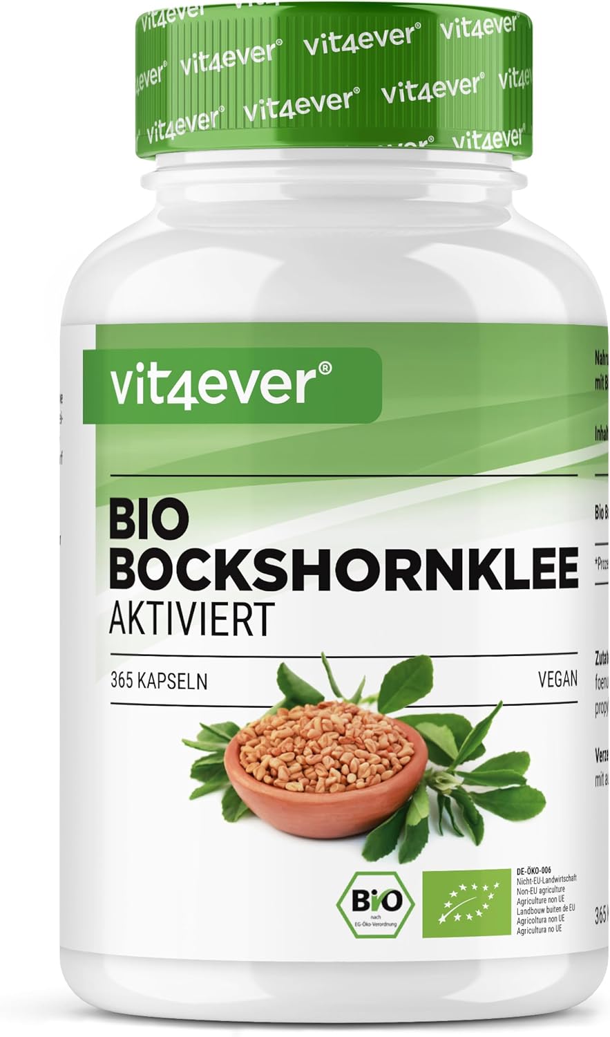 Detalle de Fenugrec Activé Bio – 365 capsules végétaliennes (650 mg/capsule) – Fenugreek certifié bio