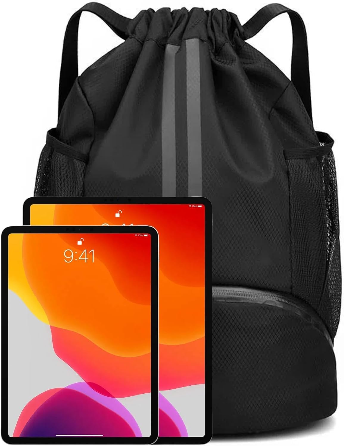 Detalle de Arae Striped Orange Drawstring Gym Backpack with Shoe Compartment