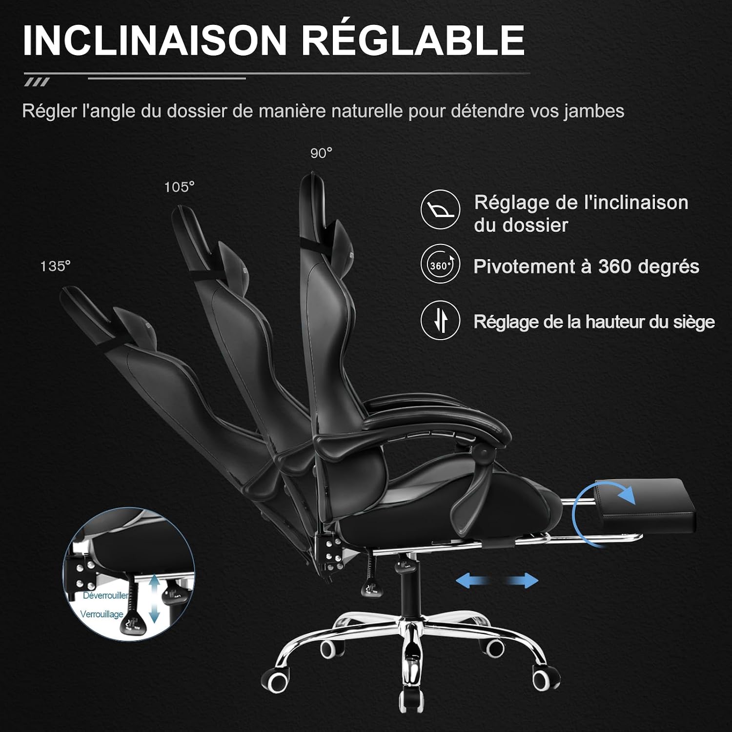 Detalle de GTPLAYER Chaise Gaming noire avec massage lombaire et repose-pieds rétractable