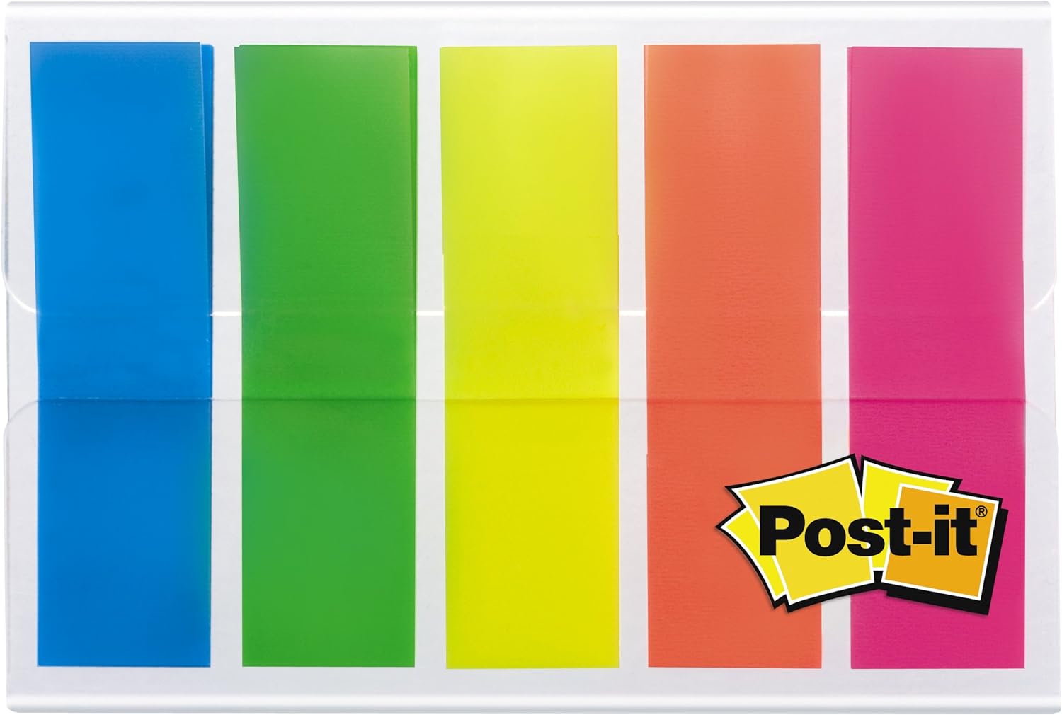 Detalle de Post-it Index Haftstreifen Mini, transluzente Farben (100 Haftstreifen) – blaue, grüne, gelbe, orange und pinkfarbene Markierungen