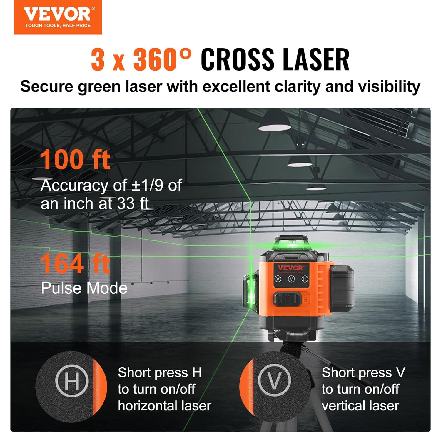 Thumbnail 1 de VEVOR Niveau Laser 30 m – Niveau Laser 360° avec 3 Lignes Croisées Vertes, Autonivelant, Batterie USB-C