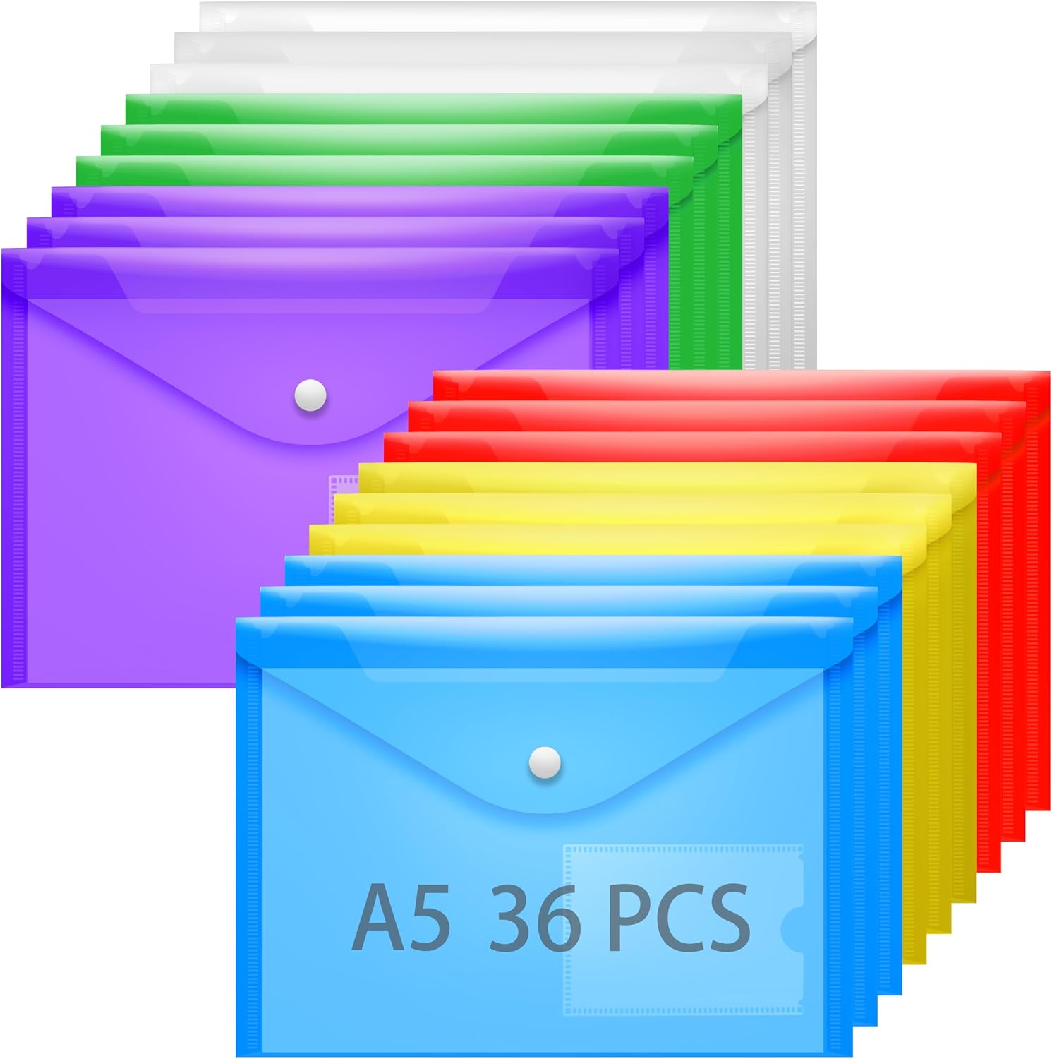 Detalle de GoodtoU A5 Plastic Wallets 36 Pack with Popper – Assorted Colours (A5 folders for school & office)