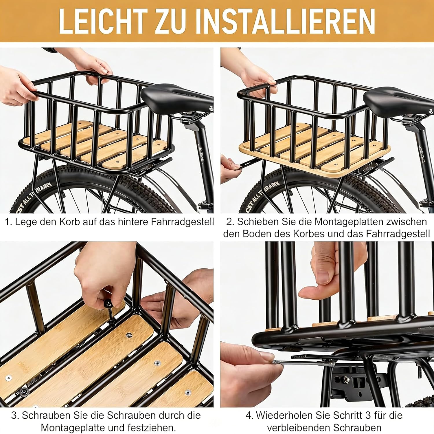 Detalle de CXWXC Fahrradkorb hinten für den Gepäckträger mit Holz-Boden, wasserdichter Abdeckung & Cargo-Netz