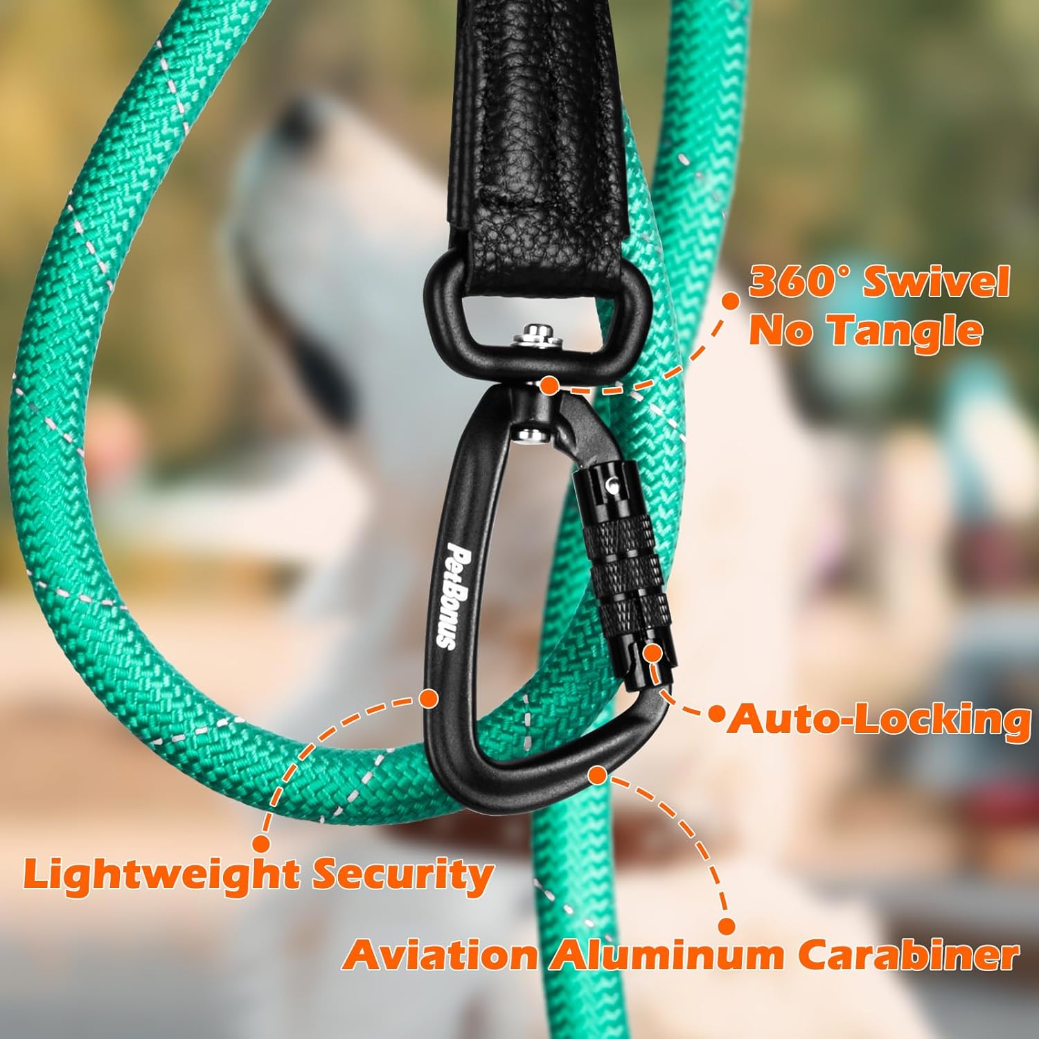 Thumbnail 1 de PetBonus Rope Dog Lead (1.5 m) Heavy Duty Nylon Rope with Auto-Locking Aviation Aluminium Carabiner – Turquoise