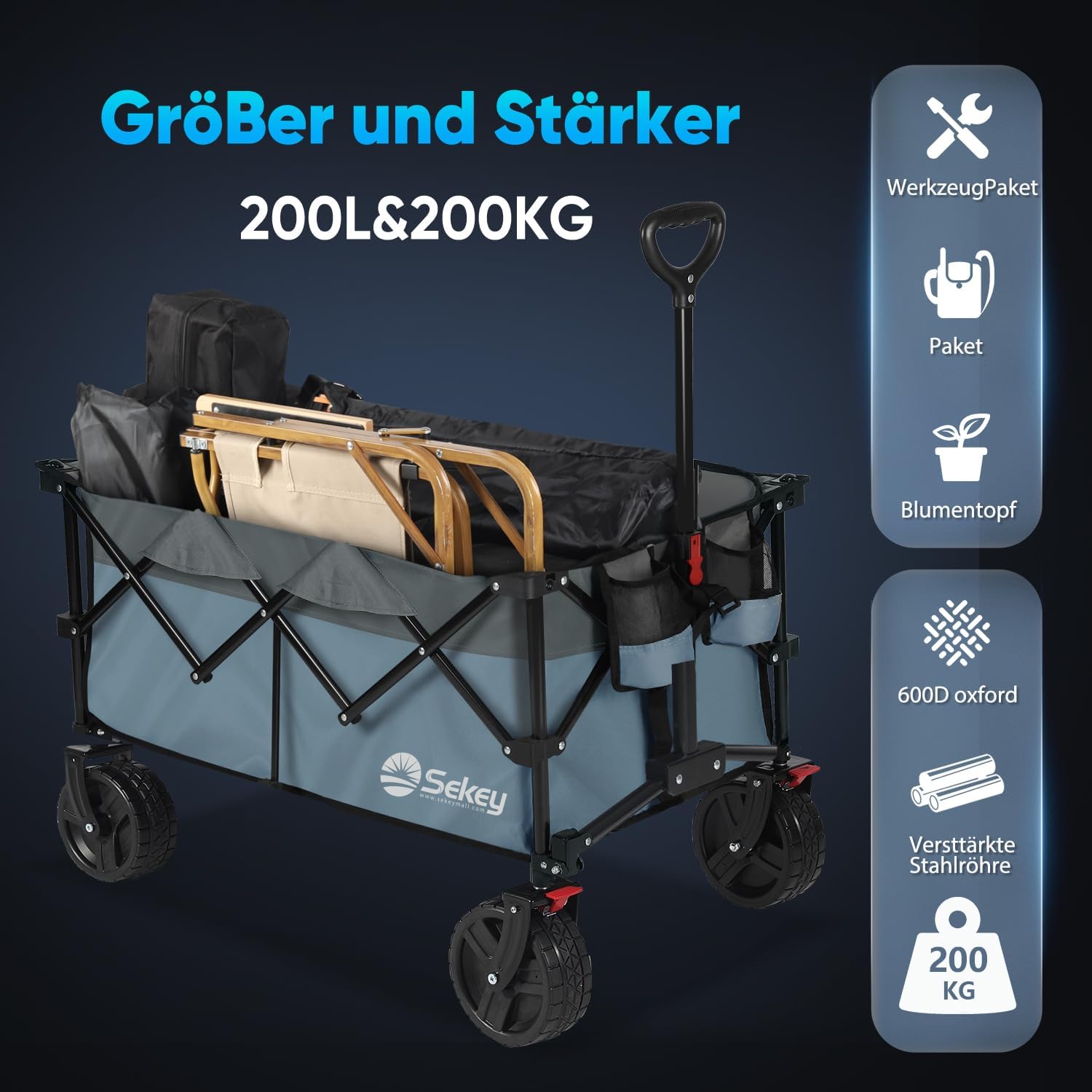 Thumbnail 1 de Sekey XXL Plus Bollerwagen faltbar mit Bremsen, 200 l Stauraum und All-Terrain-Reifen (XXL-PlusB 4011, Blau-Grau)