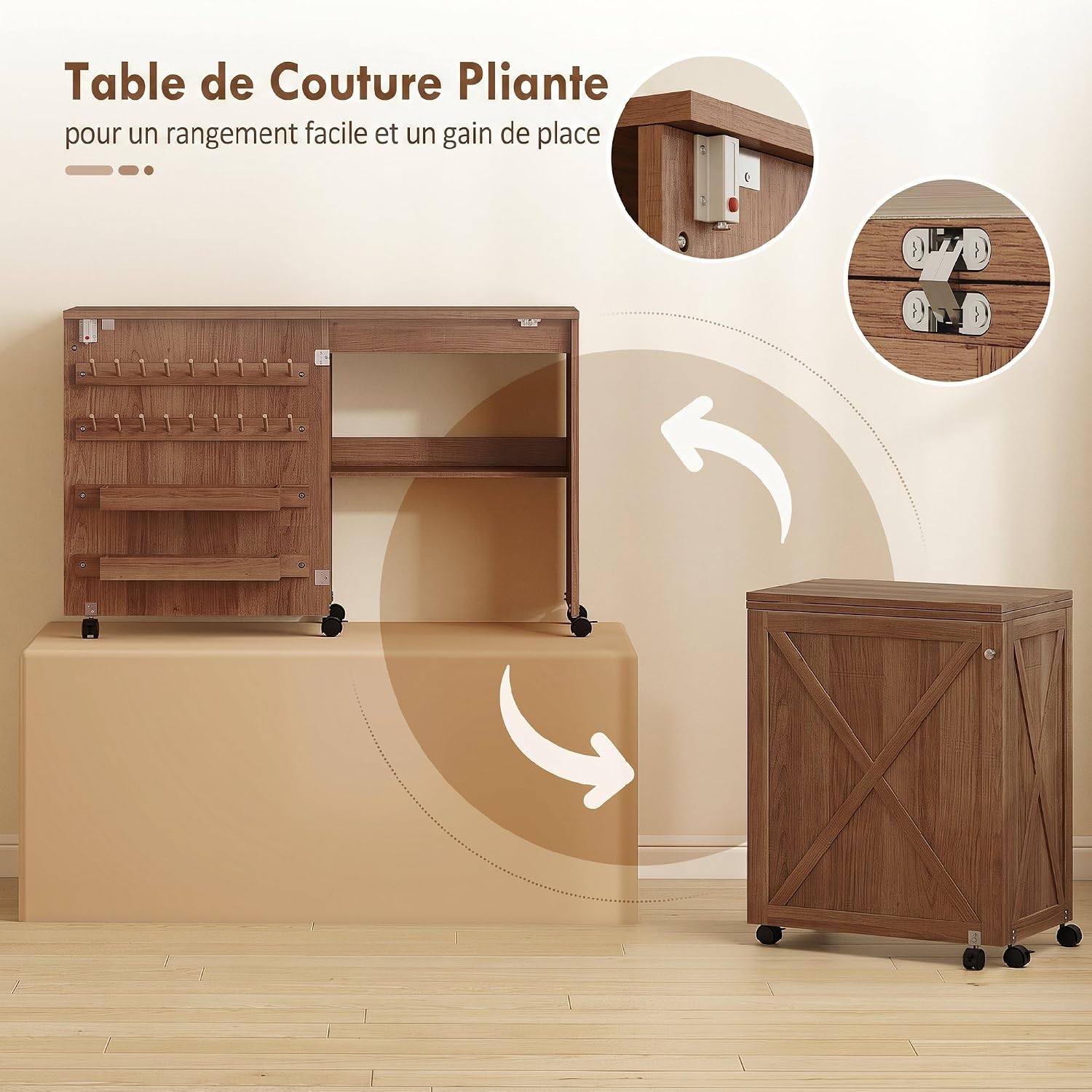Detalle 2 de HOMCOM L10-005V80BN opvouwbare naaitafel met wielen en opbergruimte, bruin
