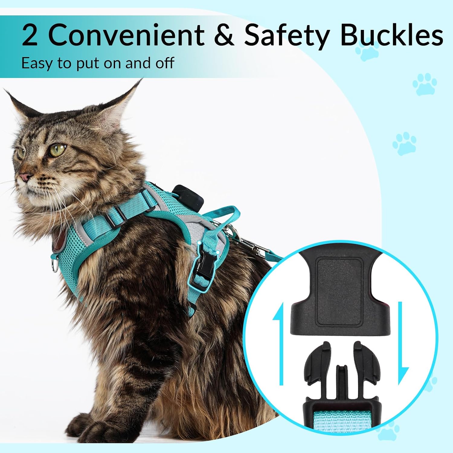 Detalle de Cat Harness and Leash Set with AirTag Holder (Teal) — Escape-Proof, Small Cat Vest for Outdoor Walks
