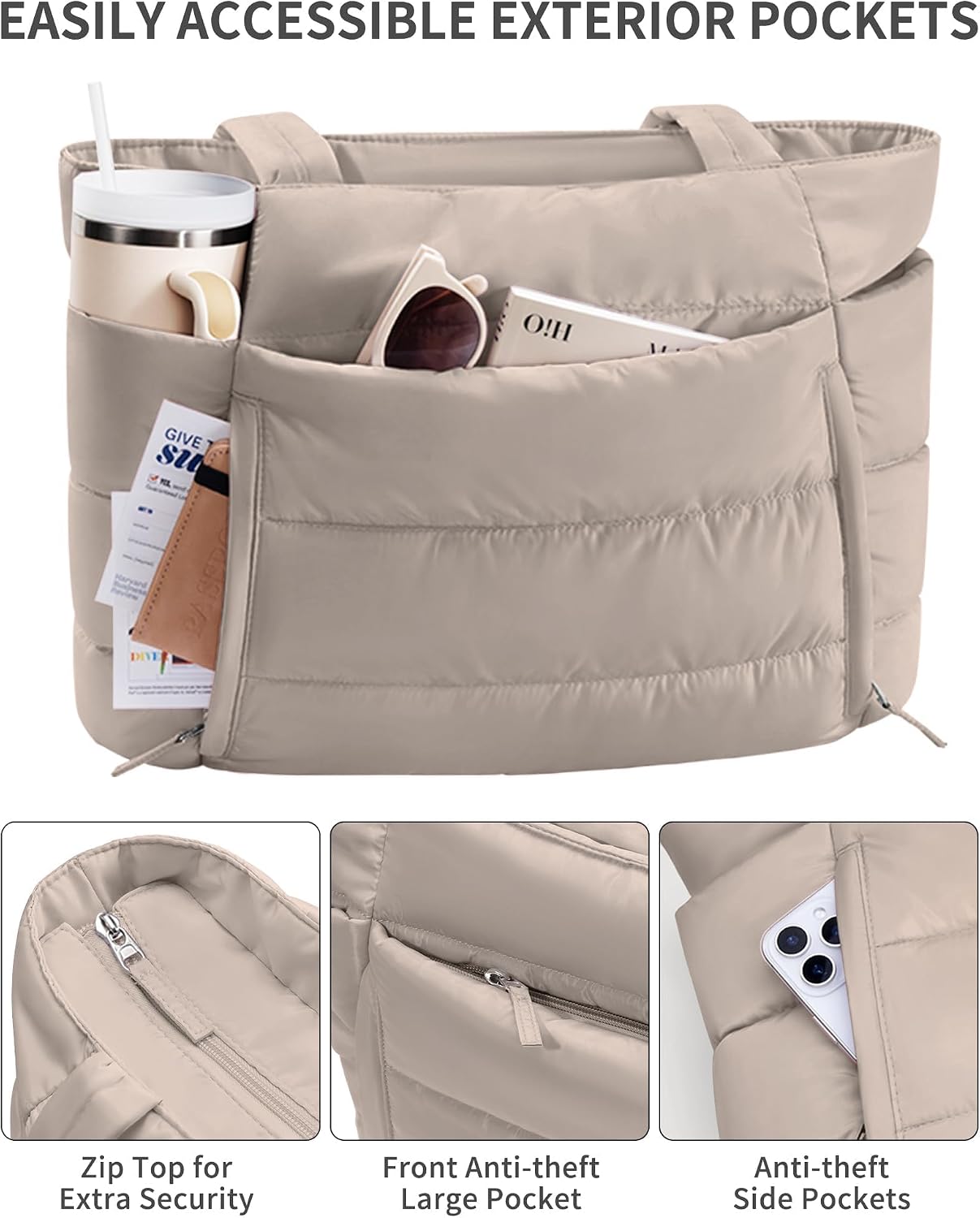 Thumbnail 4 de Bagstellar Puffer Tote Bag, 20L Quilted Work Tote with 15.6-Inch Laptop Sleeve