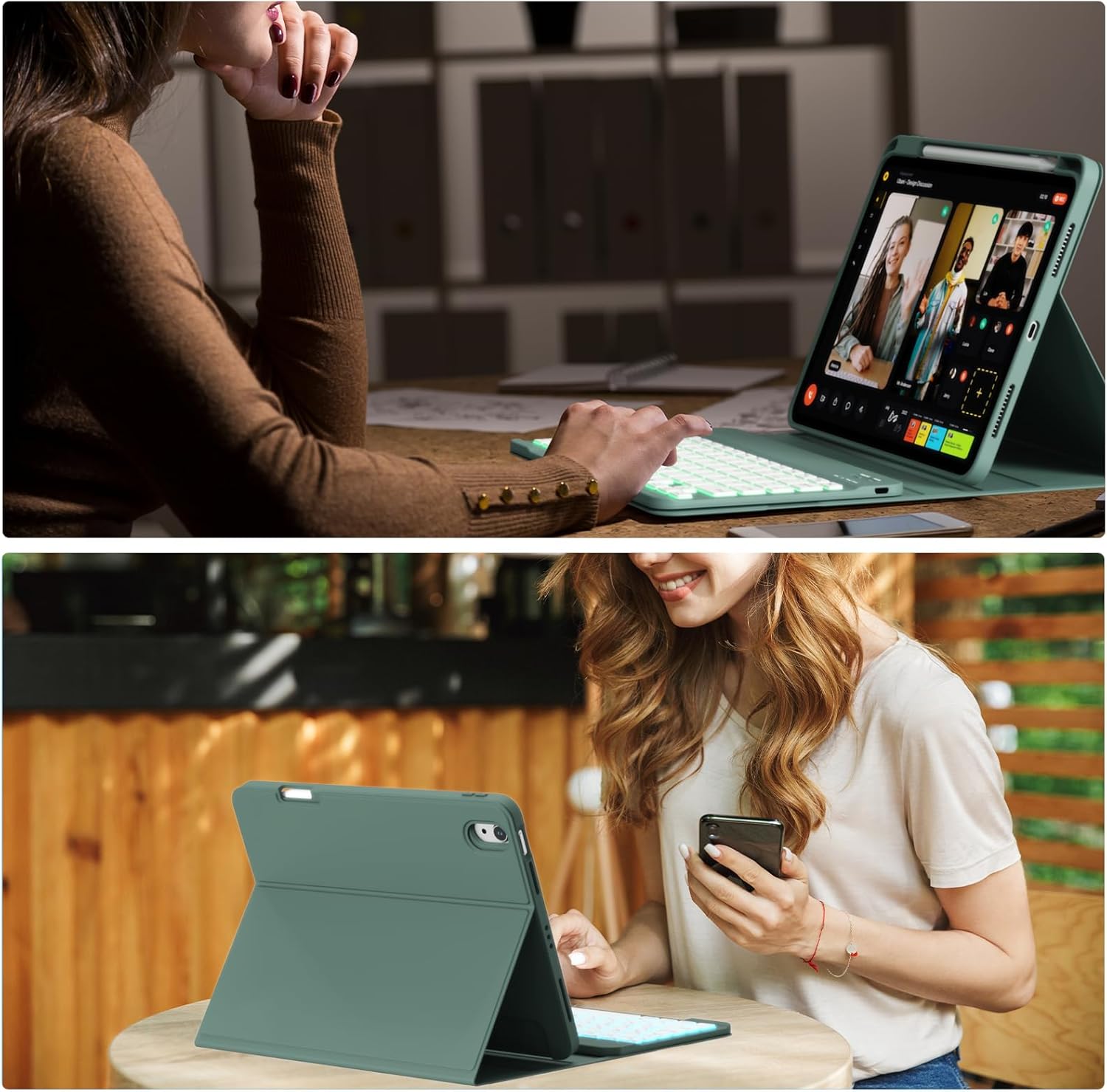 Thumbnail 1 de ZOYU Hülle mit Tastatur für iPad A16 11/10 Generation – Abnehmbare Tastatur, 7-farbige Beleuchtung, Nachtgrün