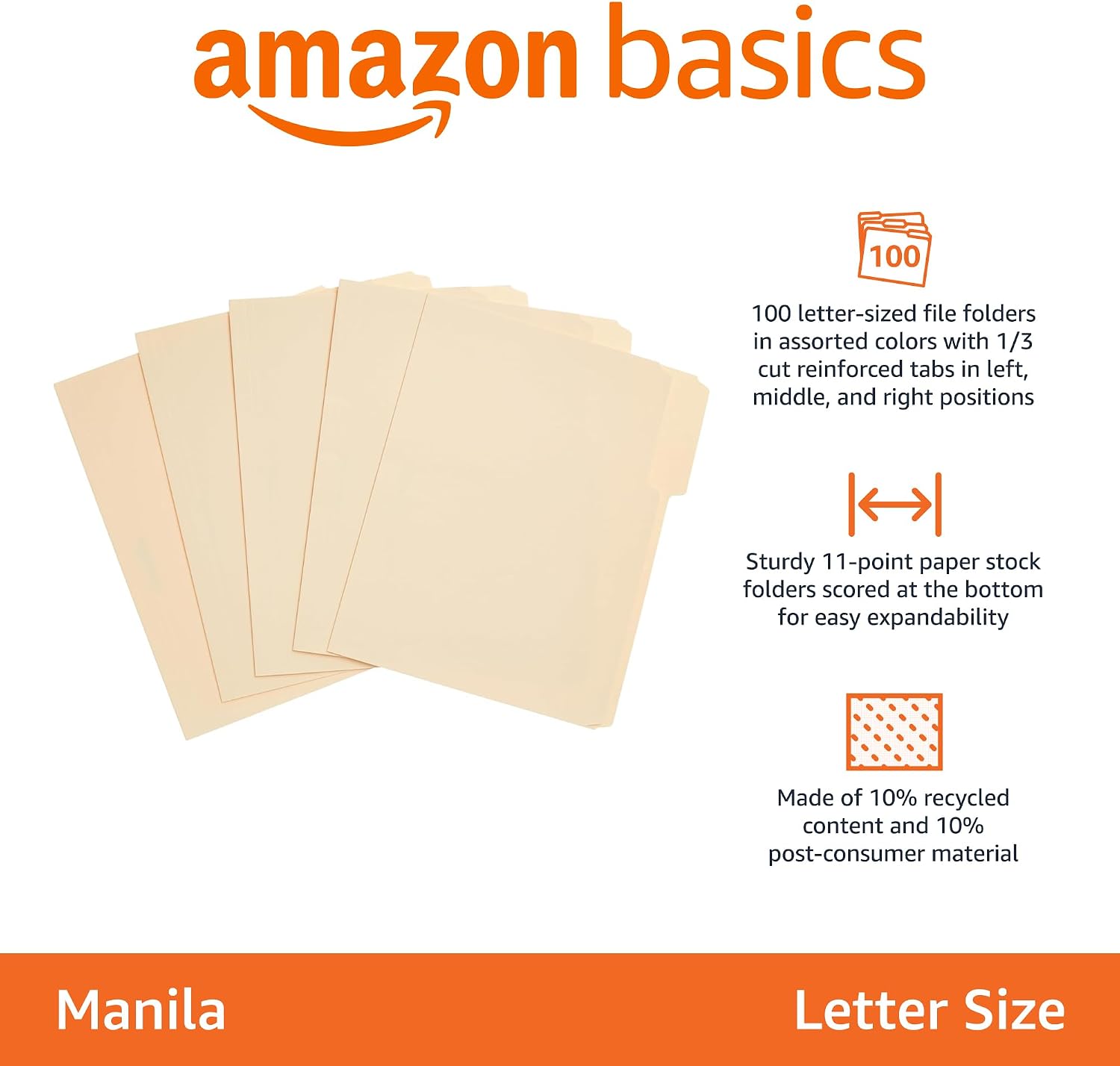 Detalle 2 de Amazon Basics Sturdy File Folders with Reinforced Tabs (1/3-Cut) - Manila, 100-Pack