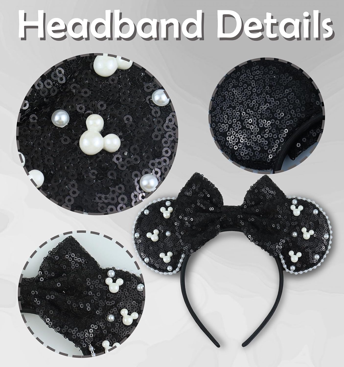 Detalle de LIHELEI Black Sequin Mouse Ears Headband with Pearl Accent