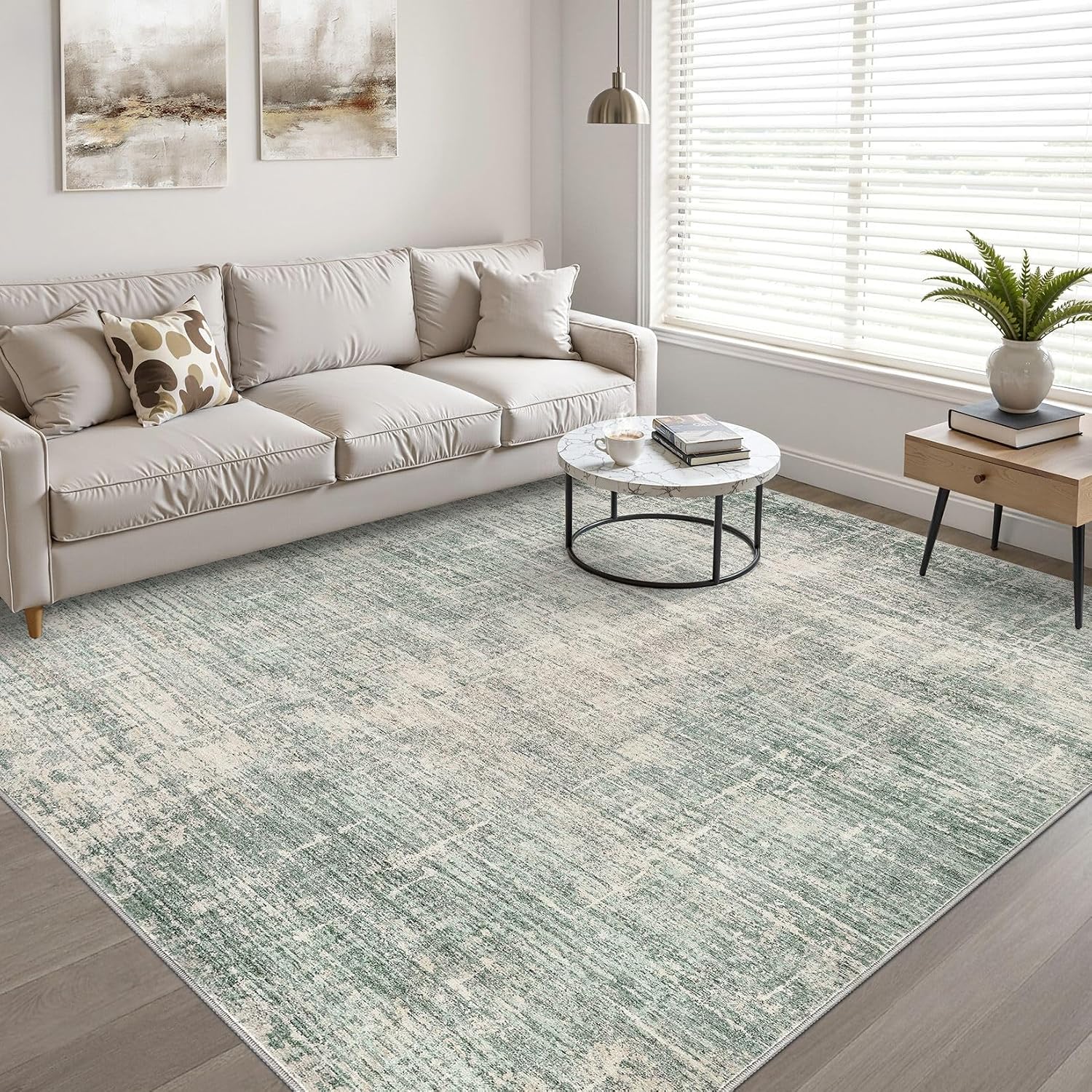 Detalle 2 de 7x9 Area Rug Living Room: Washable Large Neutral Green Abstract Rug