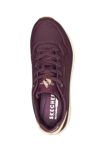 Detalle de Skechers UNO Golden Air, zapatillas para mujer con detalles dorados, borgoña, talla 38