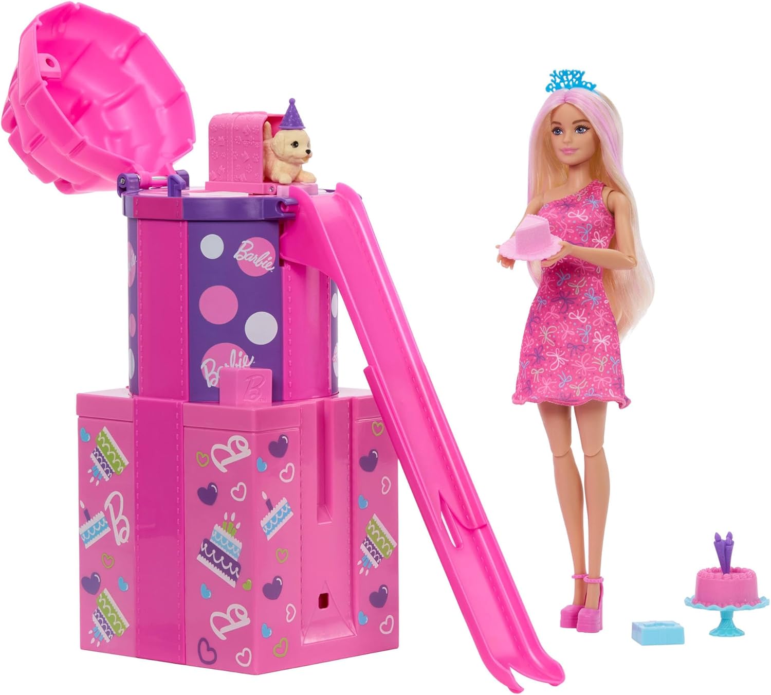 Detalle de Barbie Rise & Surprise - Bambola Pet Birthday (JKF66) con 12 sorprese, scivolo e amico cucciolo