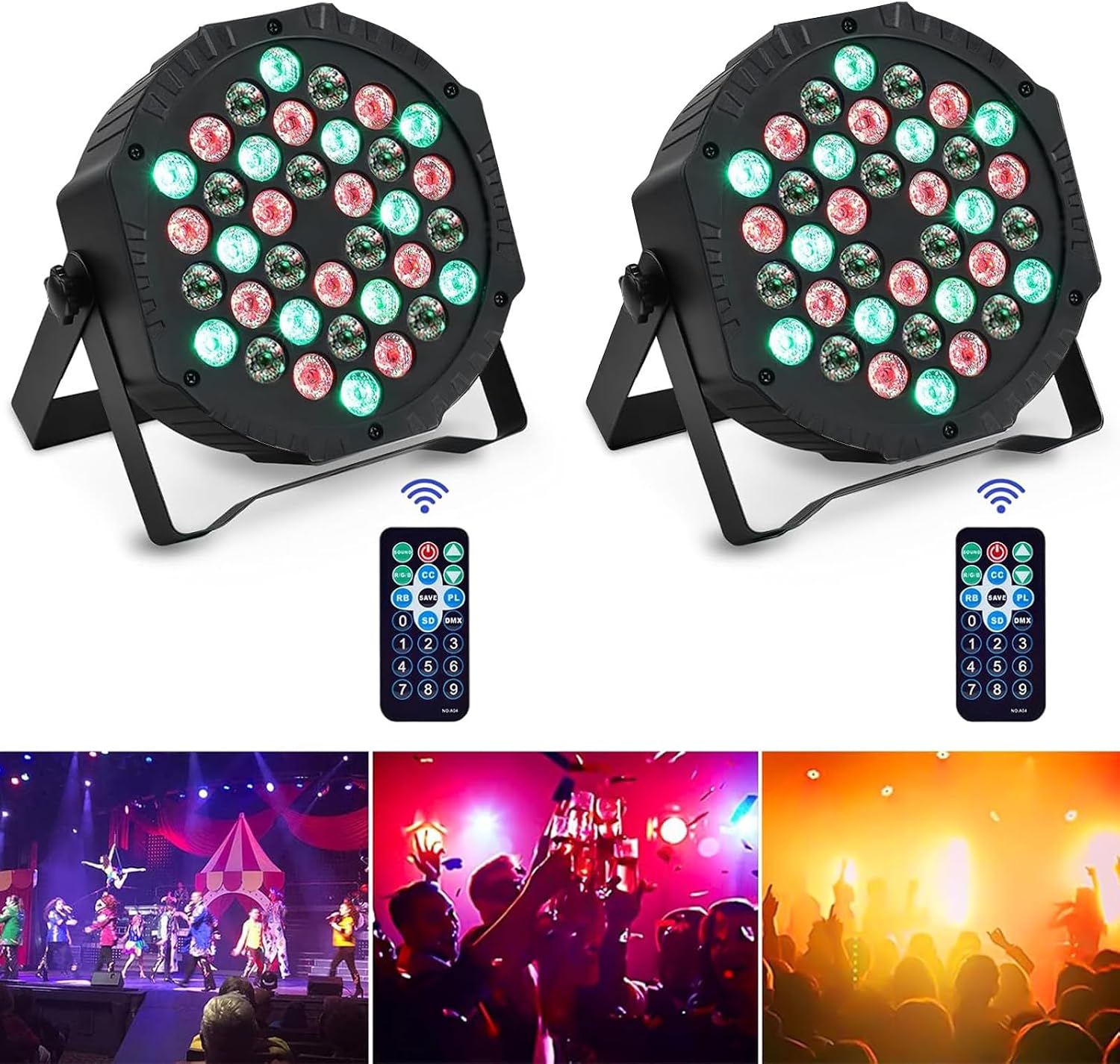 Detalle de Discolicht RGB Partylicht 2er-Set mit Fernbedienung – 36 LED Par Strahler für Bar, Bühne, DJ, Party