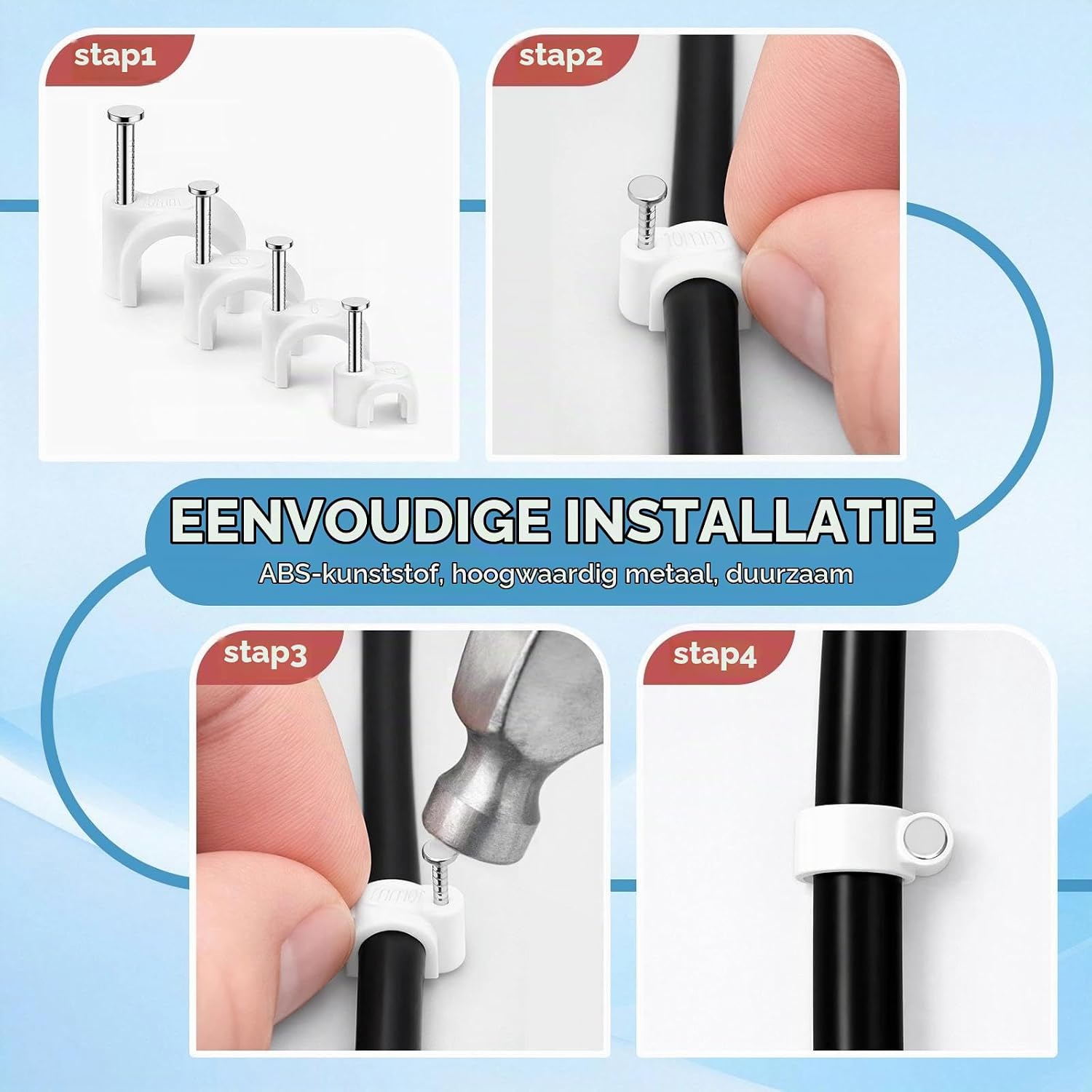 Detalle de Aujzoo kabelclips, 4, 6, 8 en 10 mm, 80 witte clips met stalen nagels