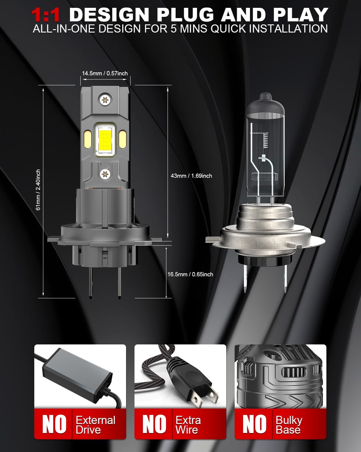 Detalle de Tongruiting H7 LED Headlight Bulb (110W, 40000LM, 6500K) – Pack of 2