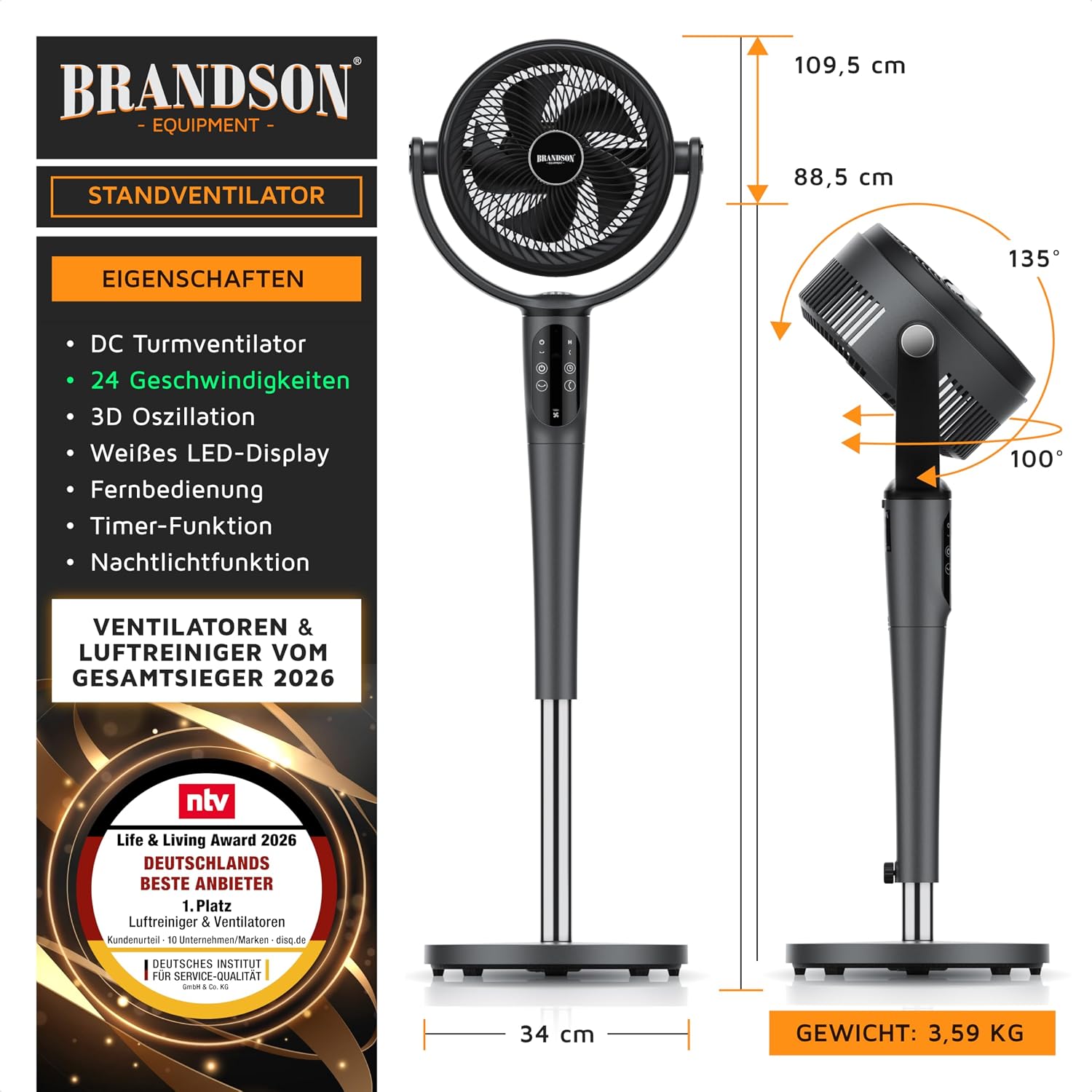 Detalle de Brandson 3D Standventilator mit ECO DC Motor – extrem leise, 24 Geschwindigkeiten und flexible Oszillation