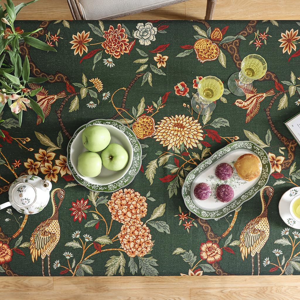 Thumbnail 3 de ISAENNE Designer Linen Green Square Tablecloth 67x67 — Mitchell Floral & Bird Pattern, Heavyweight Linen-Poly Blend