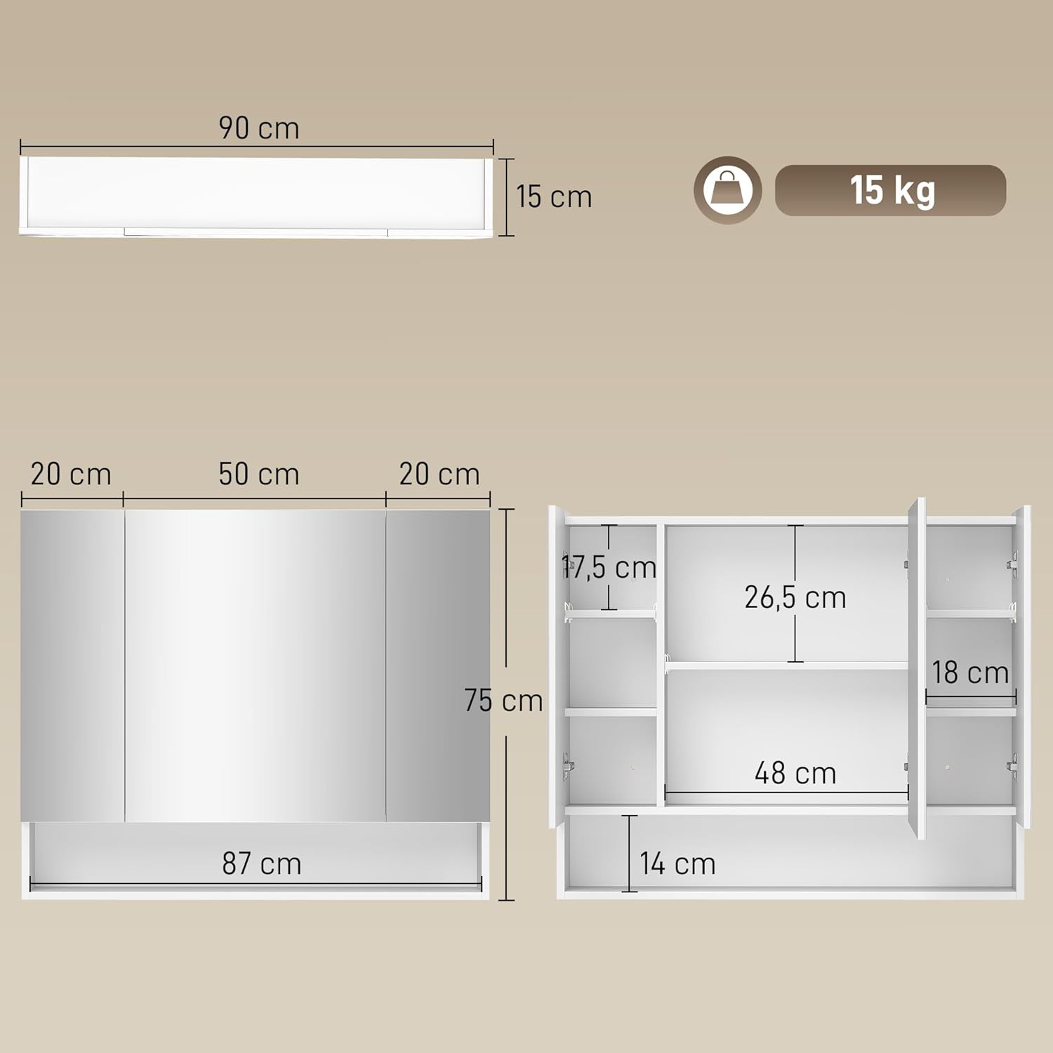 Detalle de kleankin Armoire murale de salle de bain avec miroir (3 portes, 90 x 15 x 75 cm) en blanc