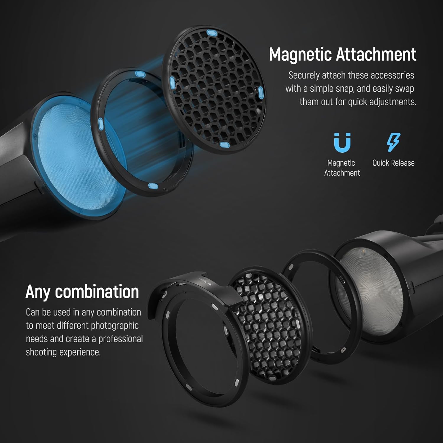 Detalle de NEEWER CRM2 Magnetic Accessories Kit for Round Head Flash (compatible with Godox V1 and NEEWER round-head Z series) – 14-piece control set