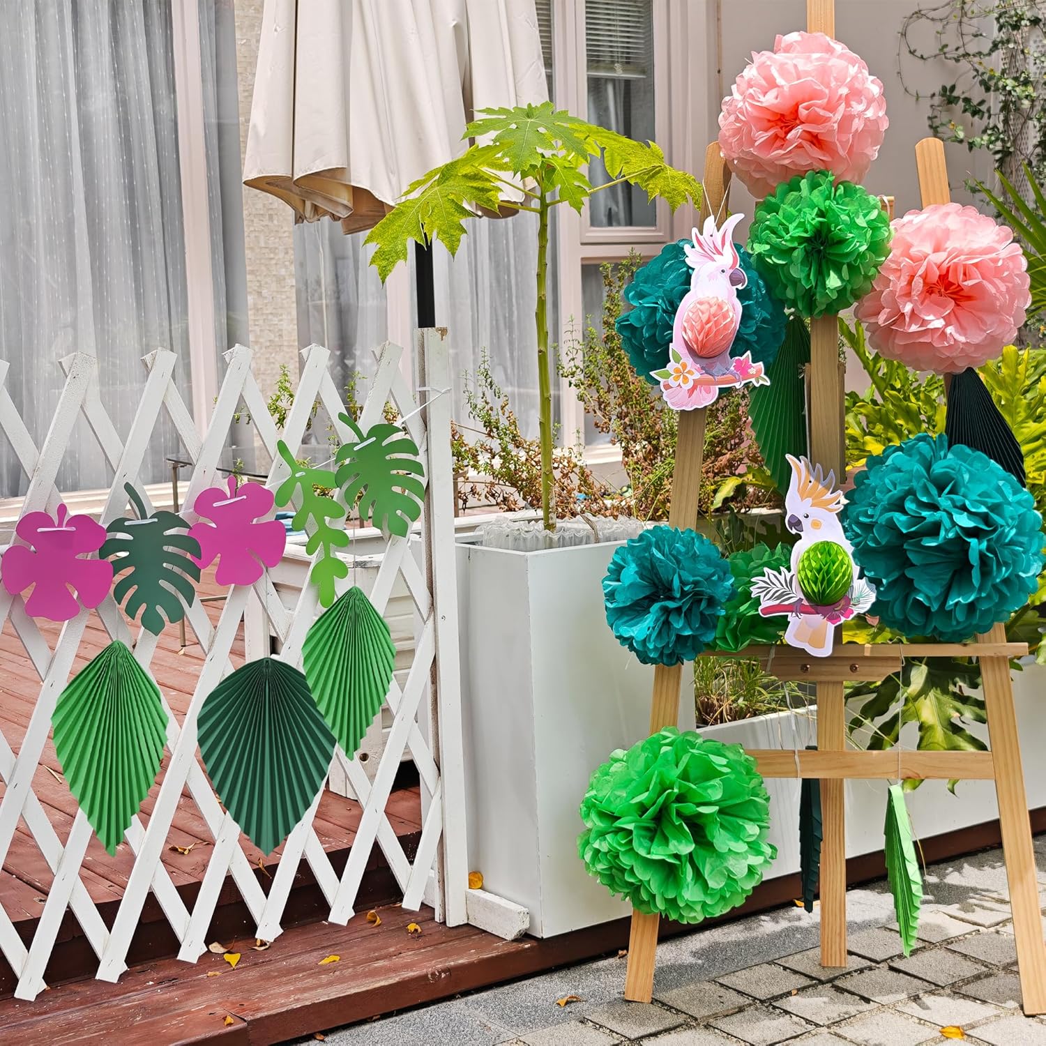 Thumbnail 4 de YBwanli Party Deko „Waldmärchenparty“ – 15-teiliges Gartenparty- & Geburtstagsdeko-Set mit Pompoms, Blättern und Papagei