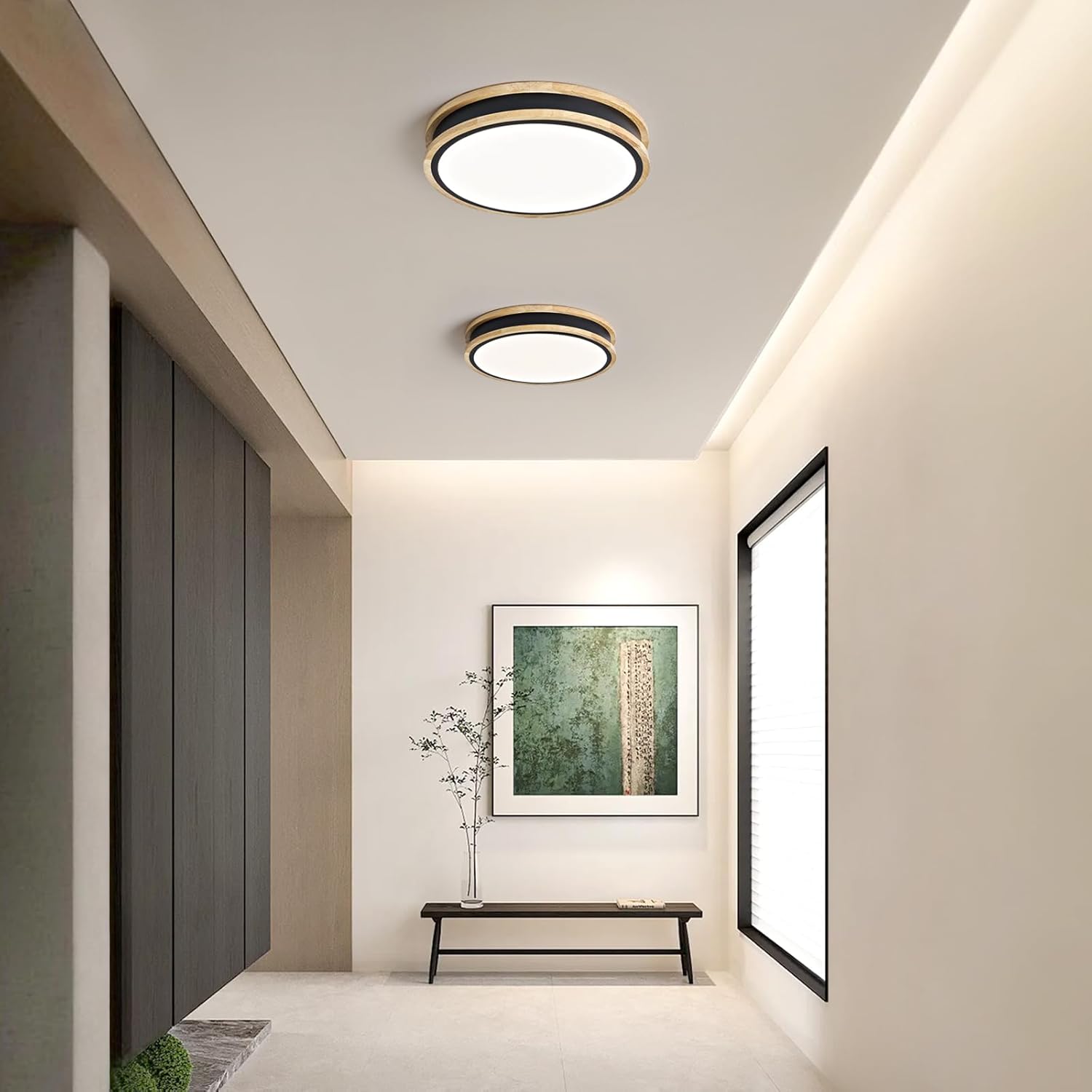 Detalle de Vikaey Plafonnier LED en bois noir 30 cm – 24 W, lumière 4000 K