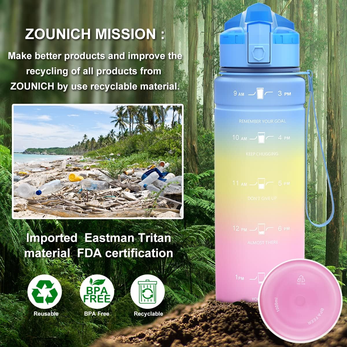 Detalle de ZOUNICH Trinkflasche Kinder – BPA-freies Tritan, 1L/700ml/500ml, auslaufsicher & spülmaschinenfest