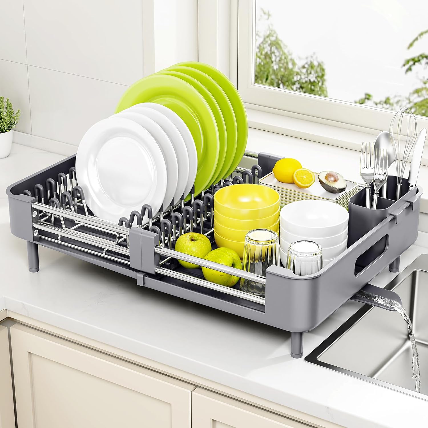 Detalle de Urackify Extendable Stainless Steel Dish Drying Rack, Grey, 18.7-Inch Length