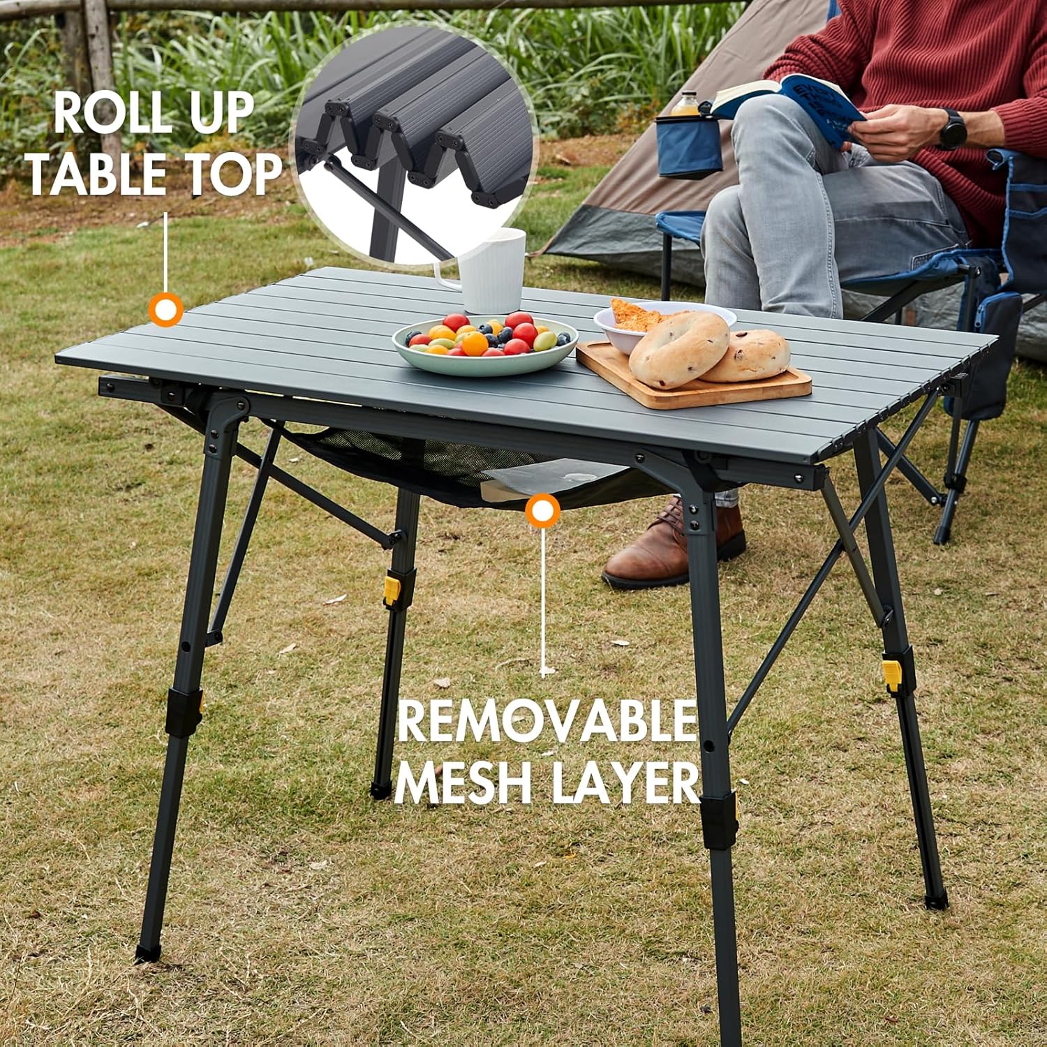 Detalle de Portal faltbarer Campingtisch mit höhenverstellbaren Beinen, Aluminium, 90 × 53 cm (für bis zu 4 Personen)
