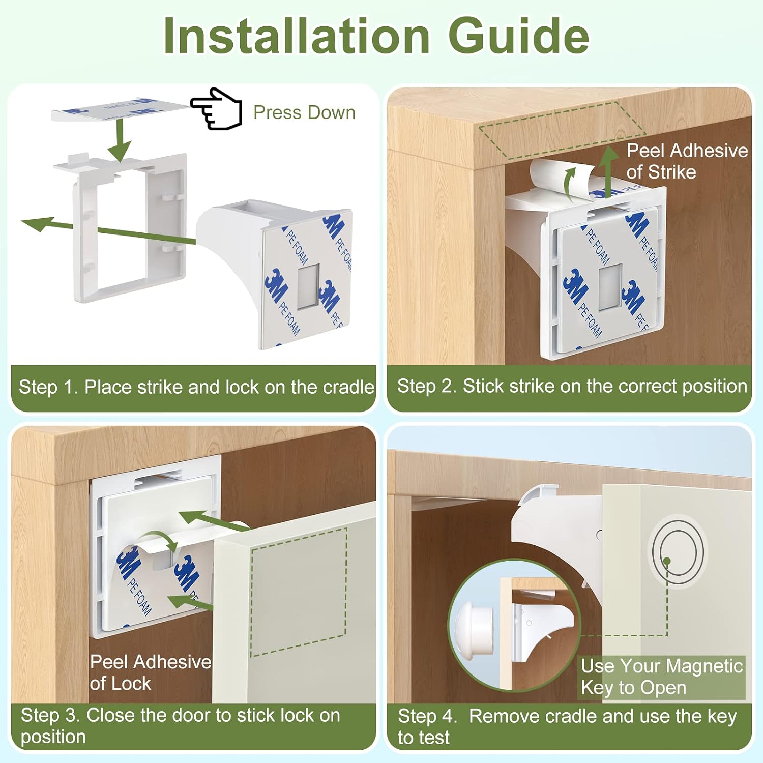 Detalle de AOSITE Magnetic Child Safety Cupboard Locks (12 Pack + 3 Keys) — Hidden, Adhesive, No-Drill Solution
