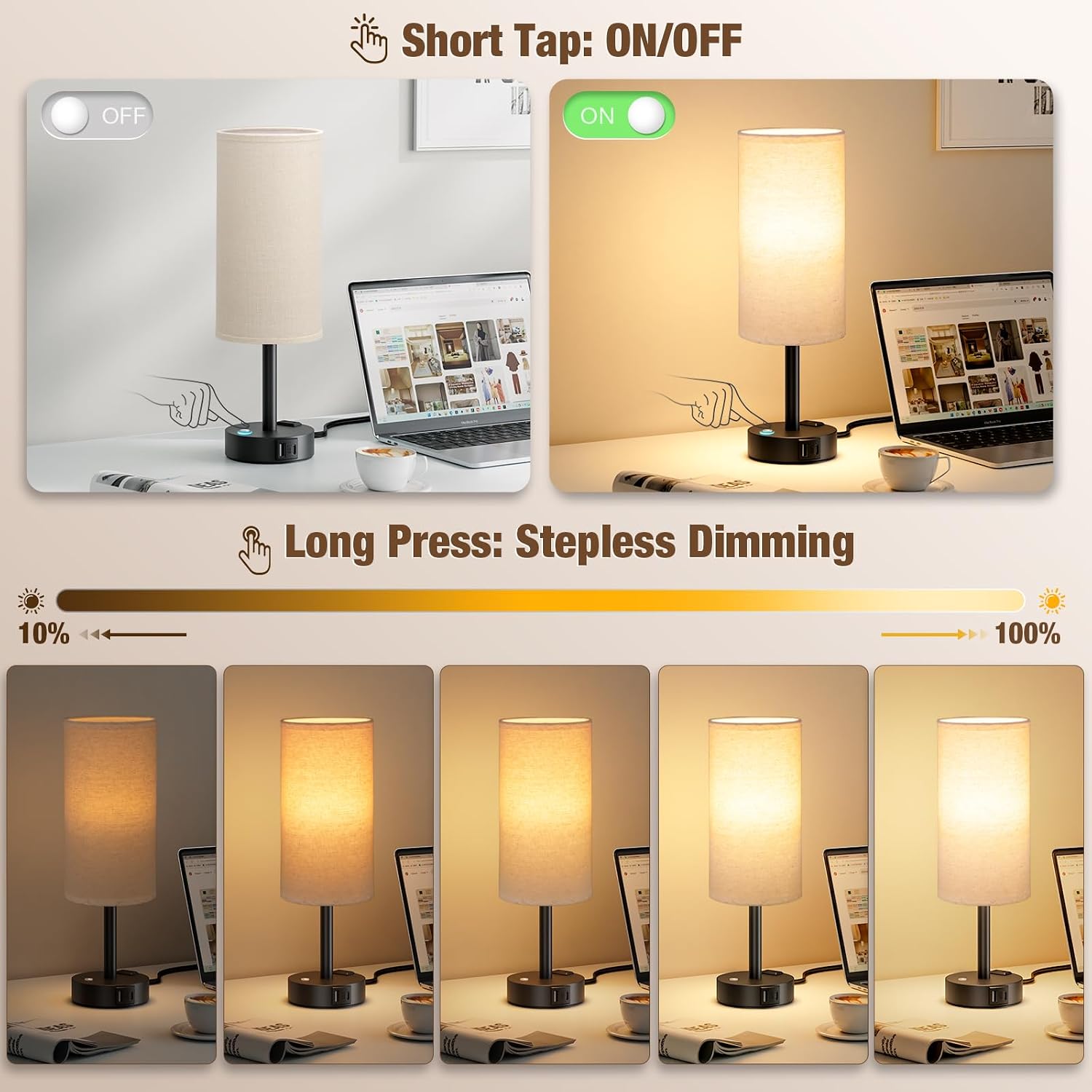 Detalle de aooshine R2TE1 Touch Bedside Lamp, Stepless Dimming, USB-A/C and AC Outlet