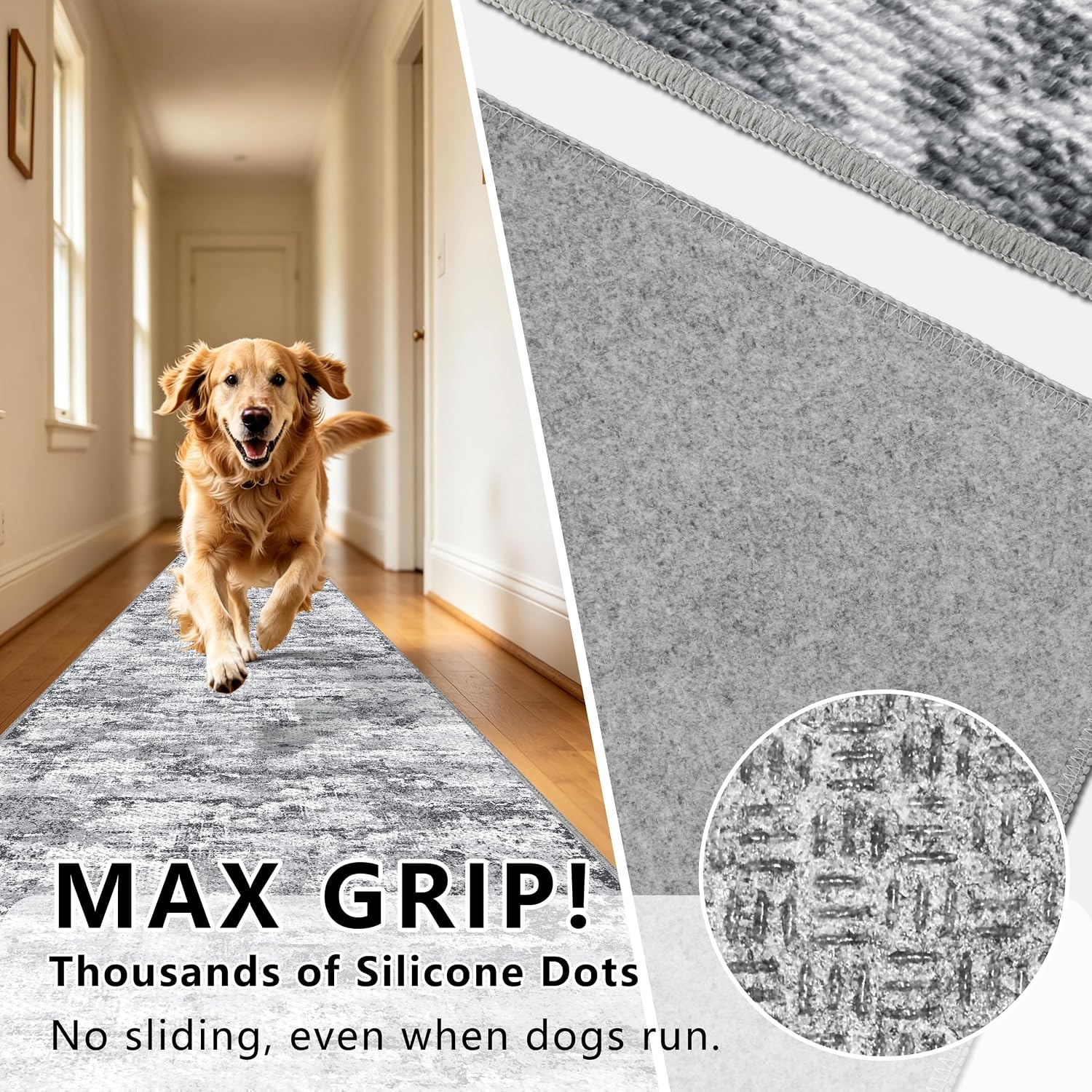 Detalle 1 de TTelephant Nina 2.6 x 14 ft Runner Rug, Gray/White, Non-Slip Silicone Backing