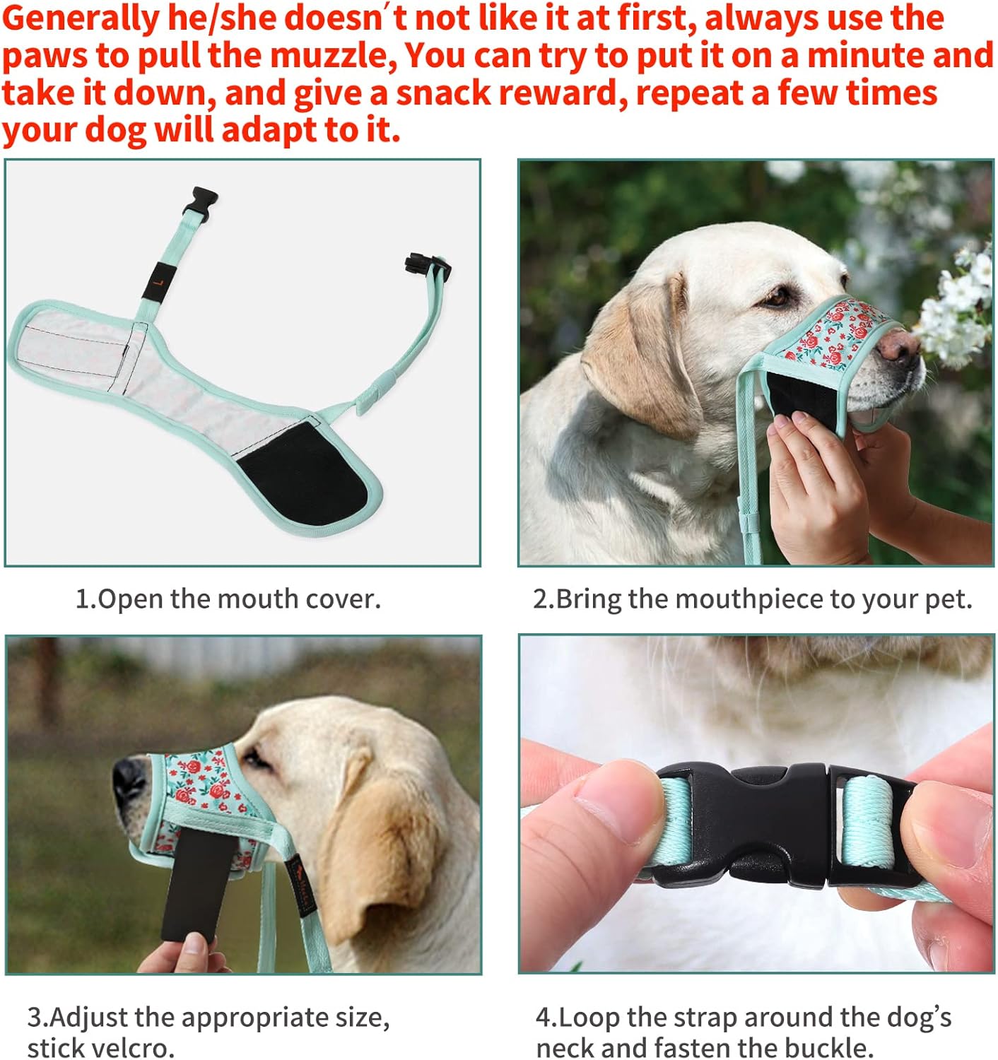 Detalle de HEELE Hund Maulkorb aus weichem Nylon & Air-Mesh, einstellbar – XS in Cyan/Blume