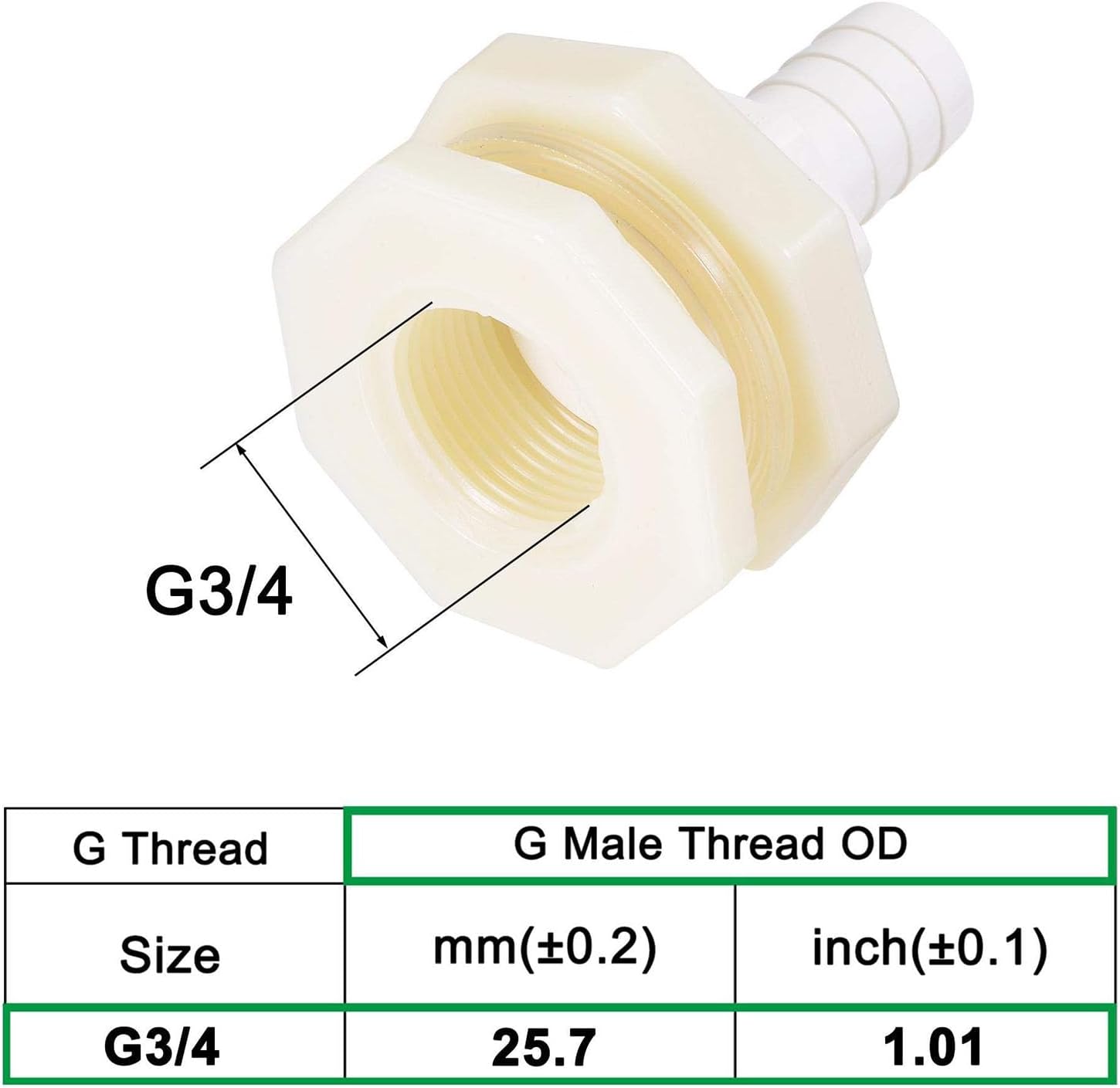 Detalle de Recogwood 4-pack Bulkhead Fitting Adapter (G3/4 female to 16mm barbed, ABS) for tanks and aquariums