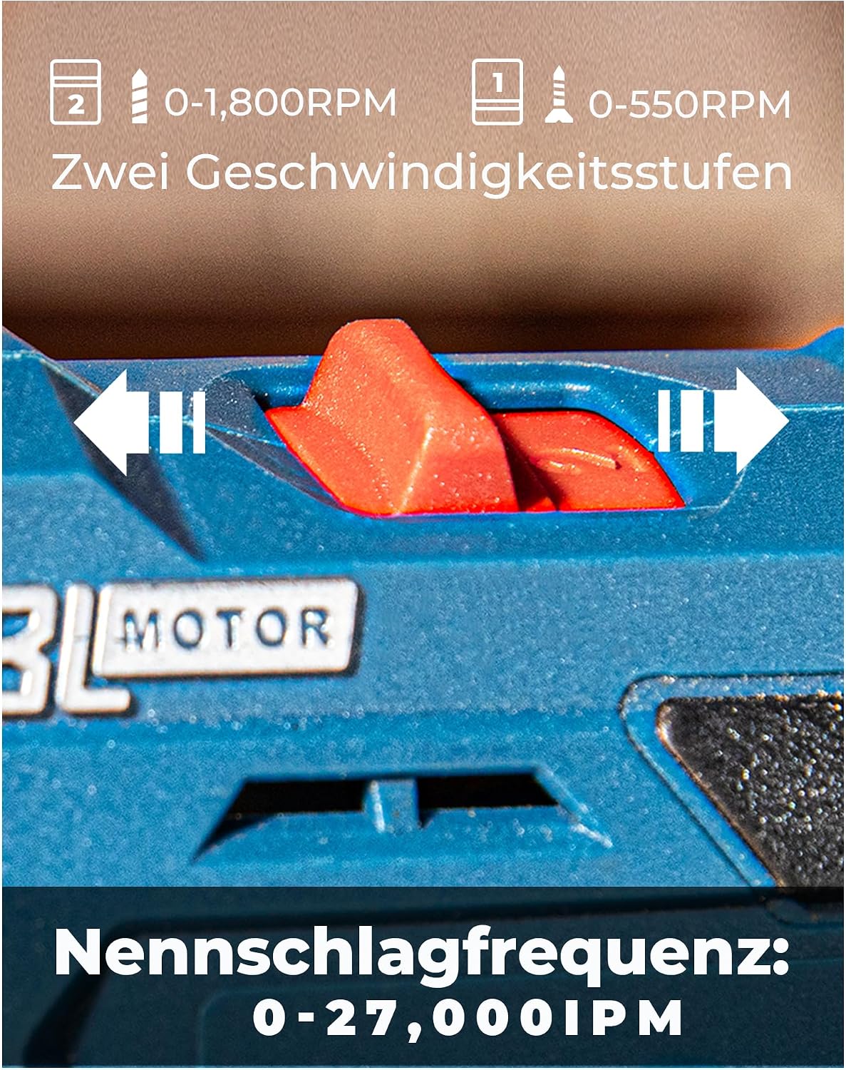 Detalle de Dong Cheng Akku-Schlagbohrschrauber-Set 18V, 50 Nm – bürstenlos mit 2 Akkus (2×2,0 Ah) und 19-teiligem Zubehör