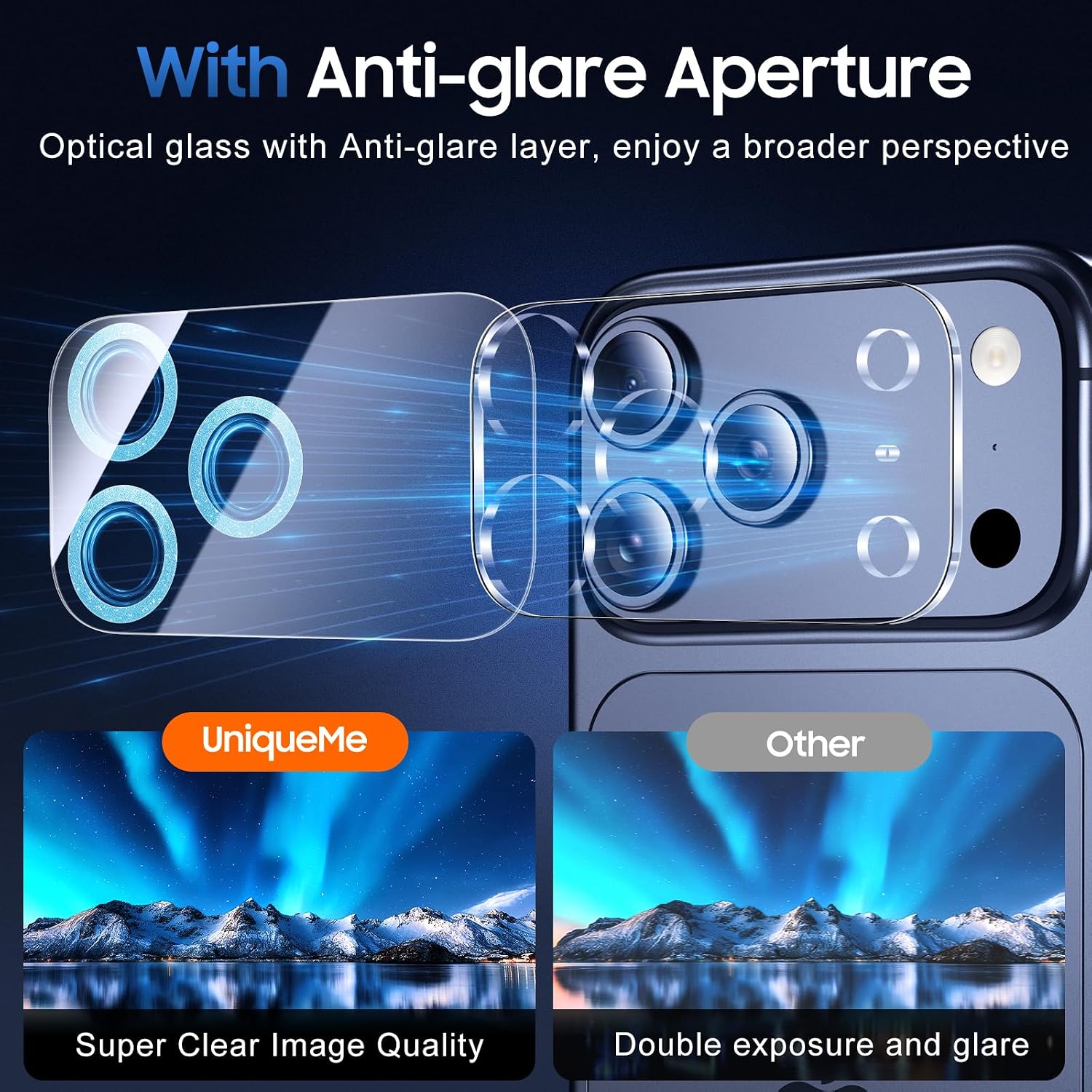 Detalle 2 de UniqueMe 17jtm-05 iPhone 17 Pro Max Camera Lens Protector, 3-Pack